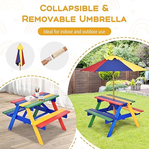 Miniatura 3 de Costzon Mesa de picnic para niños juego de mesa y banco de madera con paraguas extraíble y plegable juego de patio para niños pequeños para patio