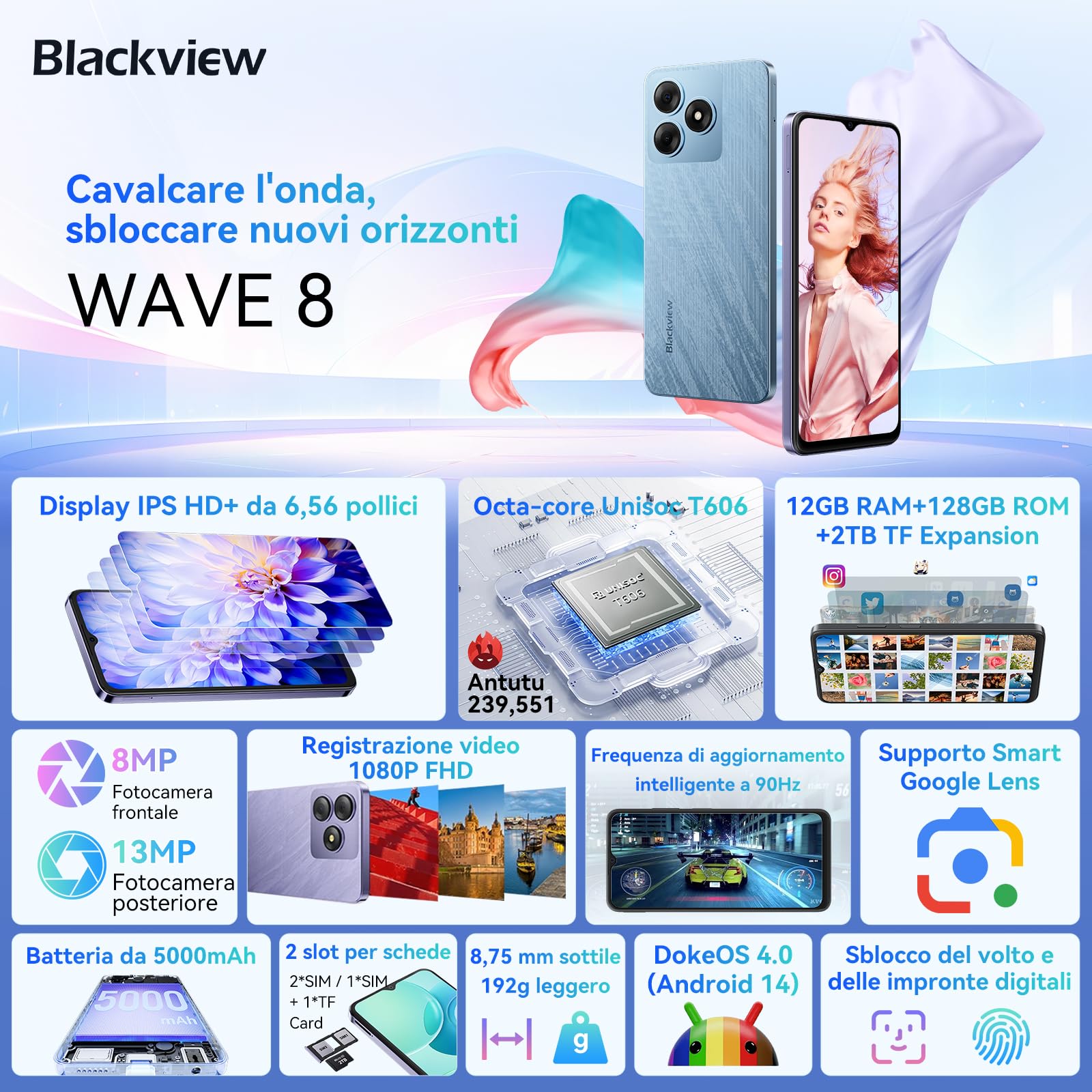 Blackview WAVE 8 Smartphone Android 14, 12GB+128GB/2TB Telefono Cellulari, 6.56" HD+ 90Hz, Octa-Core, 5000mAh/10W, 13MP+8MP, Cover Inclusa, 4G Dual SIM Cellulare, Fingerprint/GPS/Tipo-C/3.5mm Jack