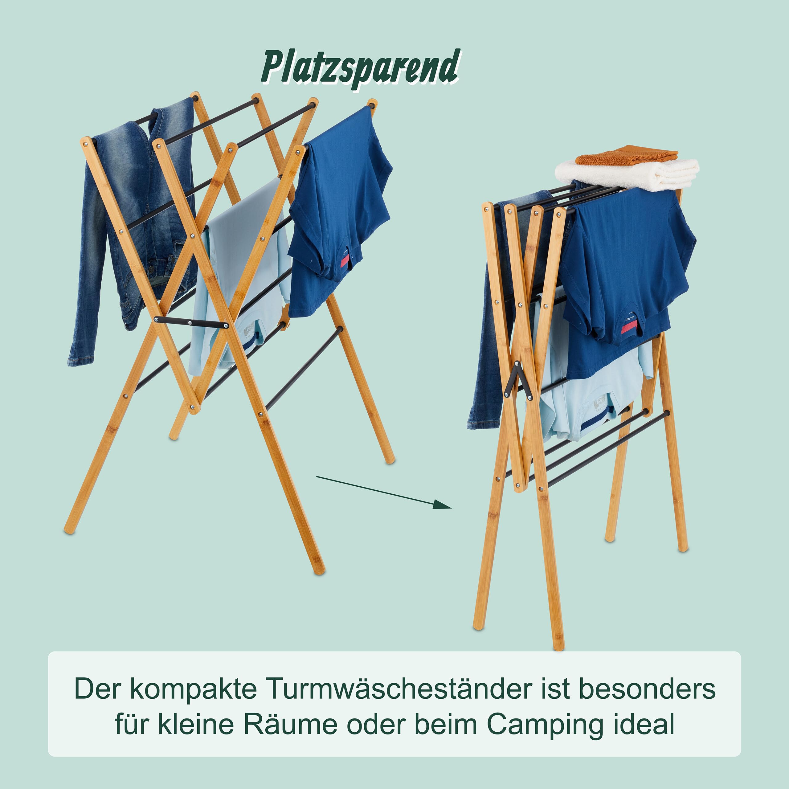 Relaxdays Wäscheständer, klappbar, 12 Stangen, HxBxT: 93 x 70 x 62 cm, Bambus, Metall, Turmwäscheständer, Natur/schwarz