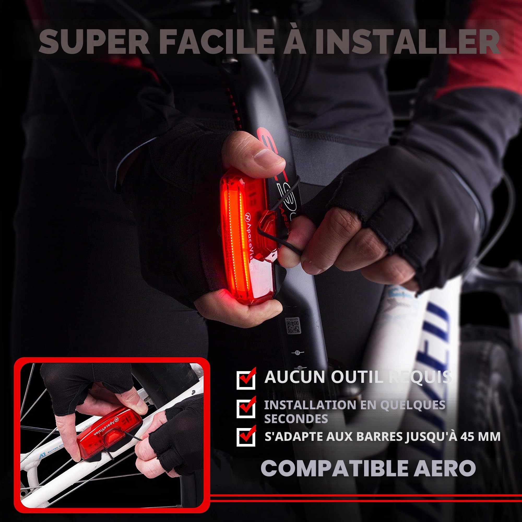 Feu arrière pour vélo rechargeable USB par Apace - Super lumineuse 100 Lumens Lampe arrière vélo ou VTT à LED Se clipse aisément pour servir d’Eclairage arriere rouge pour une sécurité optimale à vélo