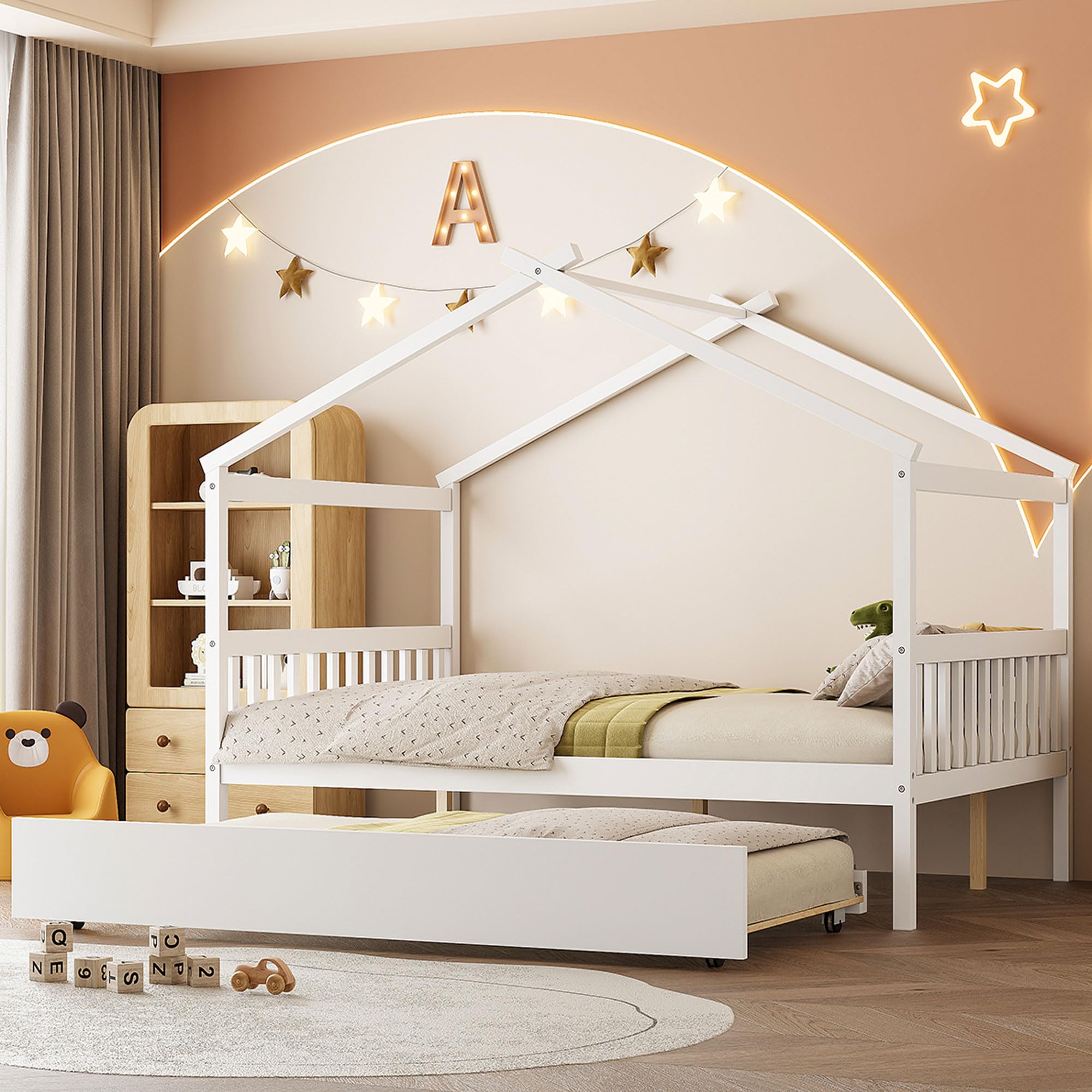 Full Size Creativity House Bed with Roof Frame and Twin Size Trundle, Montessori Wooden Platform Bed with Sturdy Slats Support for Kids Teens Girls Boys, No Box Spring Needed (White-02, Full)