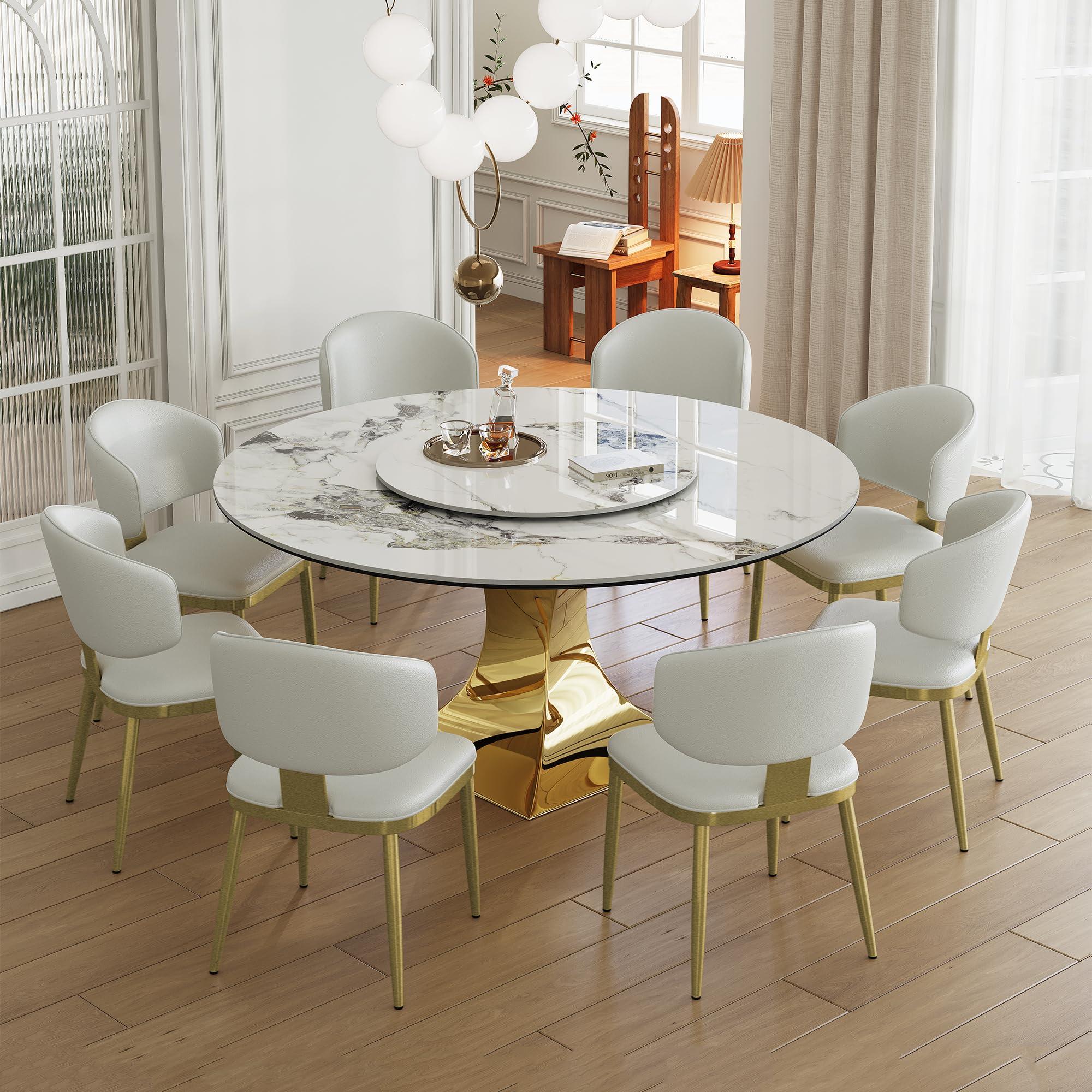 9 Piece Round Dining Table Set, Sintered Stone Faux Marble Dining Table with Lazy Susan&amp; Stainless Steel Gold Base,8 Pcs White Dining Chairs Kitchen Dining Room Table Set
