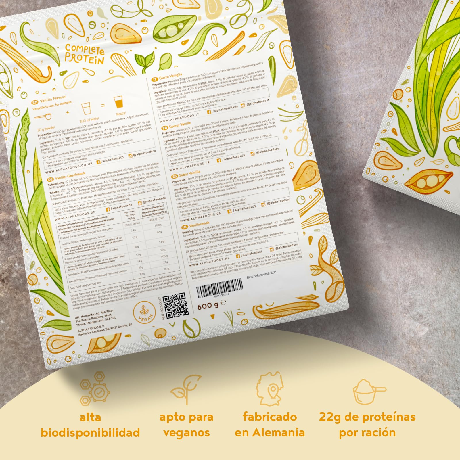 Proteína Vegana en Polvo | Sabor Vainilla | 100% Proteina Vegana | 22g dosis Vegan Protein Powder de Guisante, Arroz, Girasol y Soja | Proteína Aislada para Masa Muscular | 1.2kg | Alpha Foods