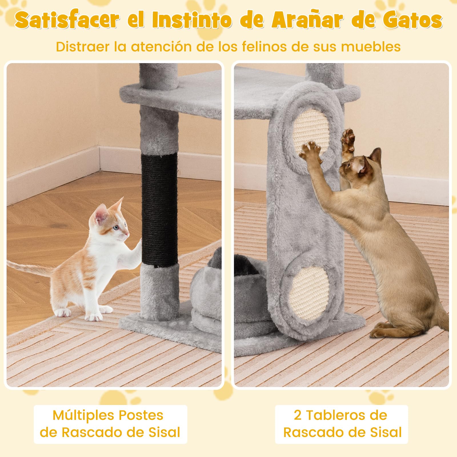 COSTWAY Rascador para Gatos de 144 cm, Árbol Rascador para Gatos de 5 Niveles con 3 Postes de Sisal para Rascar y Tablero, Condominio, Plataformas, Hamaca, Cama, Árbol de Actividades para Gatitos