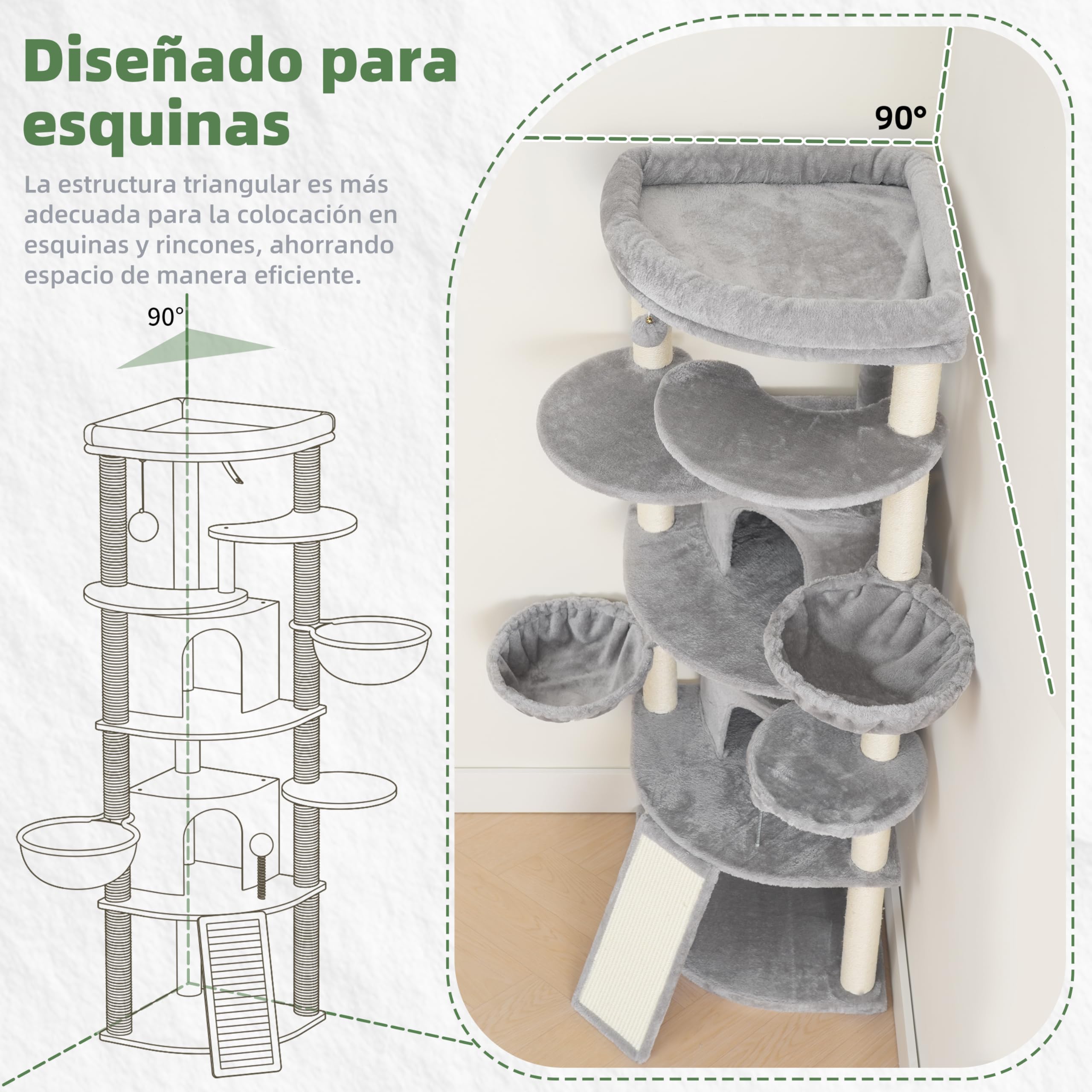 Gitelsnour Rascador para Gatos de rincón Interior, árbol para Gatos multinivel con Posts de rascado Sisal Natural, 2 Cuevas, Grandes Plataforma, 2 Canasta Colgante para Gatos, Gris Claro GCT035W