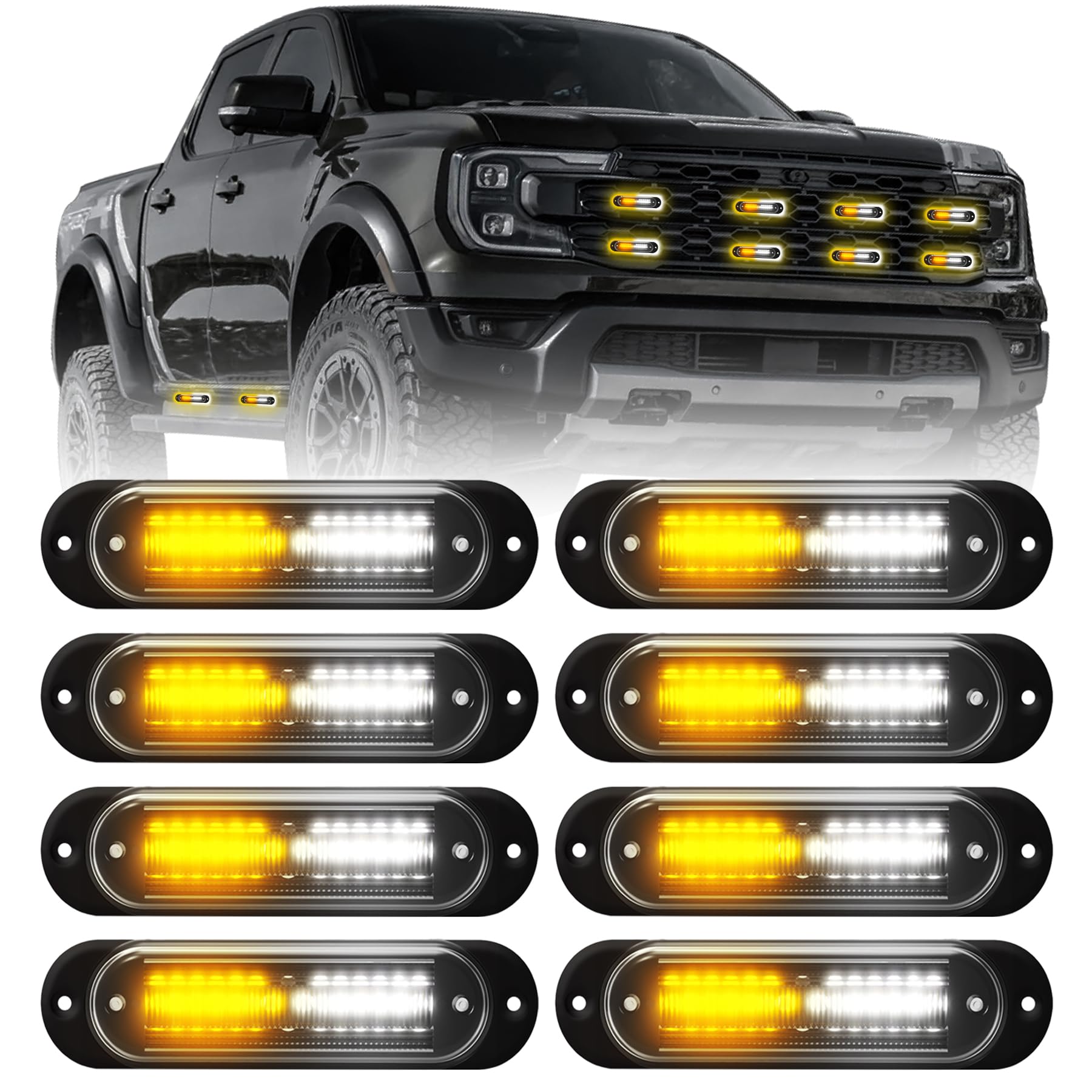 Feux de signalisation avant à LED, lot de 8, 12 V/24 V, clignotants stroboscopiques, étanches IP67, pour camions, quads, SUV, camping-cars et fourgonnettes.