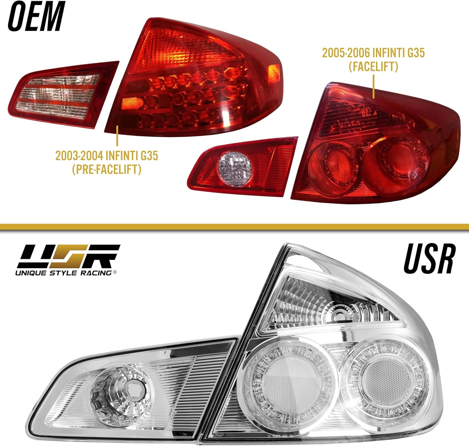 USR 03-06 VQ 4D Tail Light – w/ 4 LED Bulb Upgrade (Left + Right) Pair - Compatible with 2003-2006 Infiniti G35 Sedan 4 Door All Models/Trims (CLEAR TAIL LIGHTS w/WIRE HARNESS & LED BULBS)