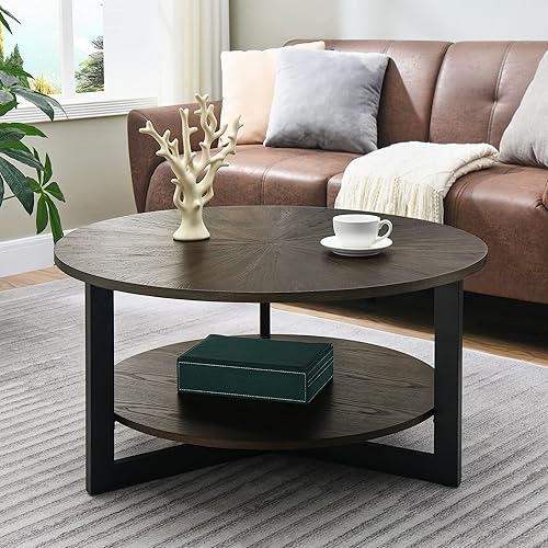Miniatura 3 de MODERION KFZ1338BK - Mesa de centro redonda con estante de almacenamiento, mesa de cóctel para sala de estar de granja con patas de metal negro,
