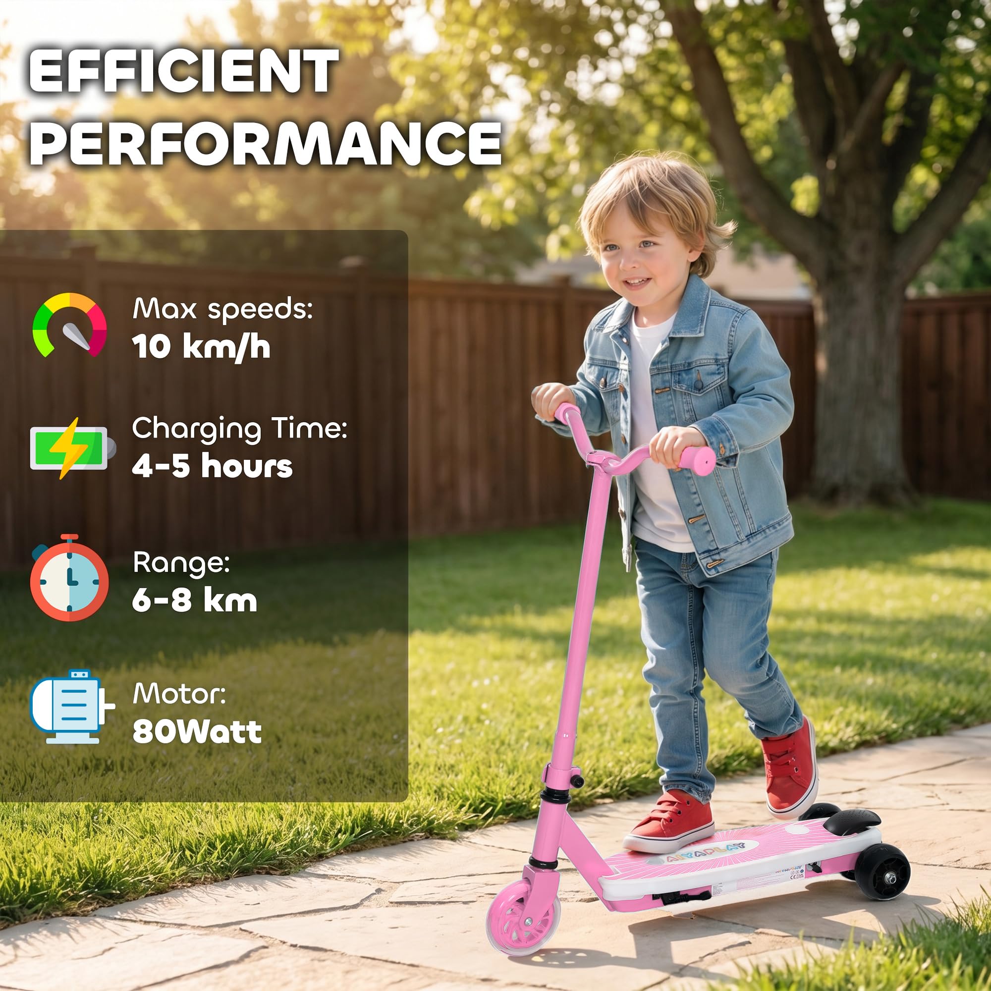 AIYAPLAY Patinete eléctrico para niños de 6 km/h y 8 km, 6 kg ligero, con ruedas traseras auxiliares, luz LED intermitente y freno eléctrico, para niños y niñas de 4 a 7 años