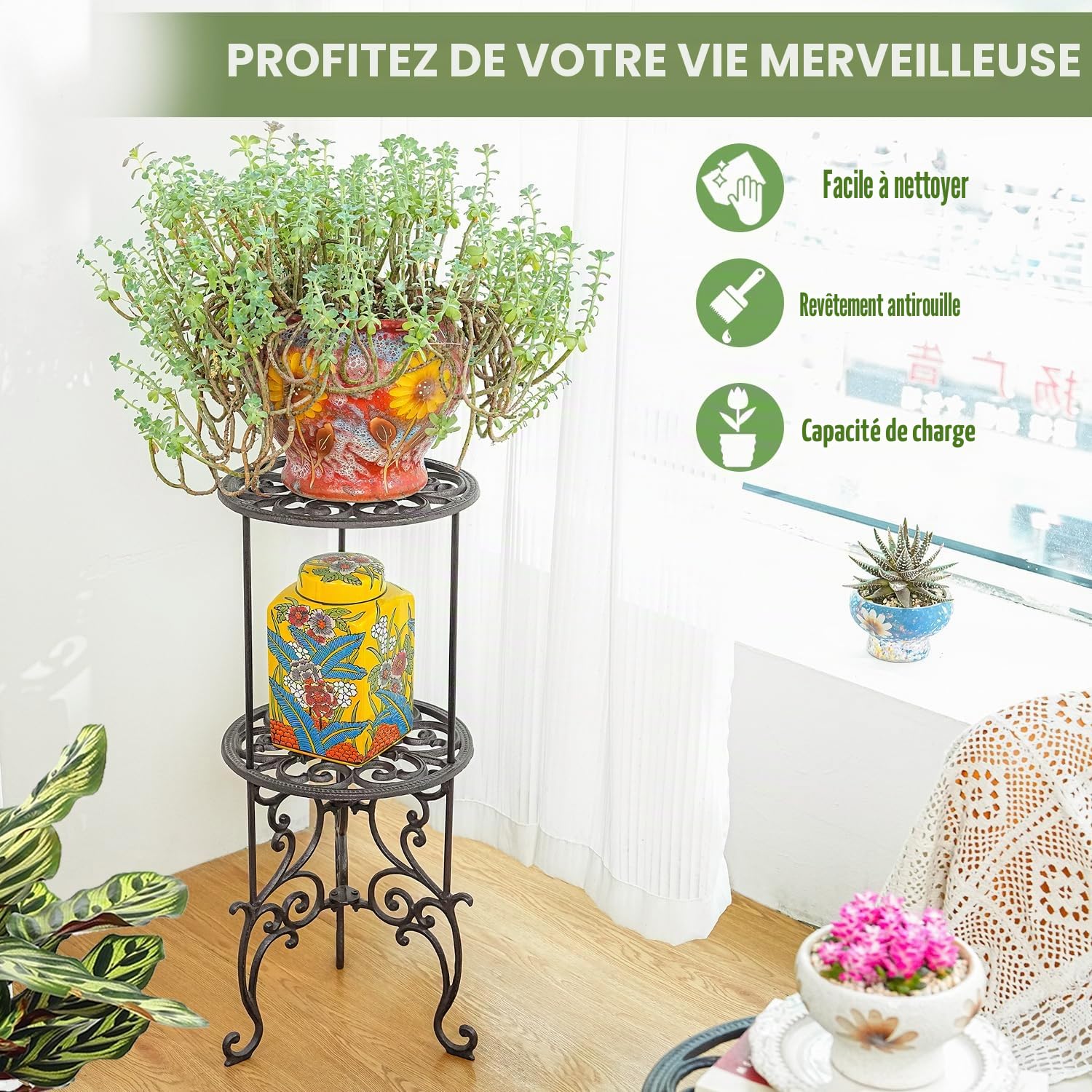 Sungmor 2-Tier Heavy Duty en fonte support de plante en pot - 66cm Pot de fleurs en métal Rack, décoratifs support de pot de fleurs, Intérieur ou extérieur Jardin Pots Prend en charge