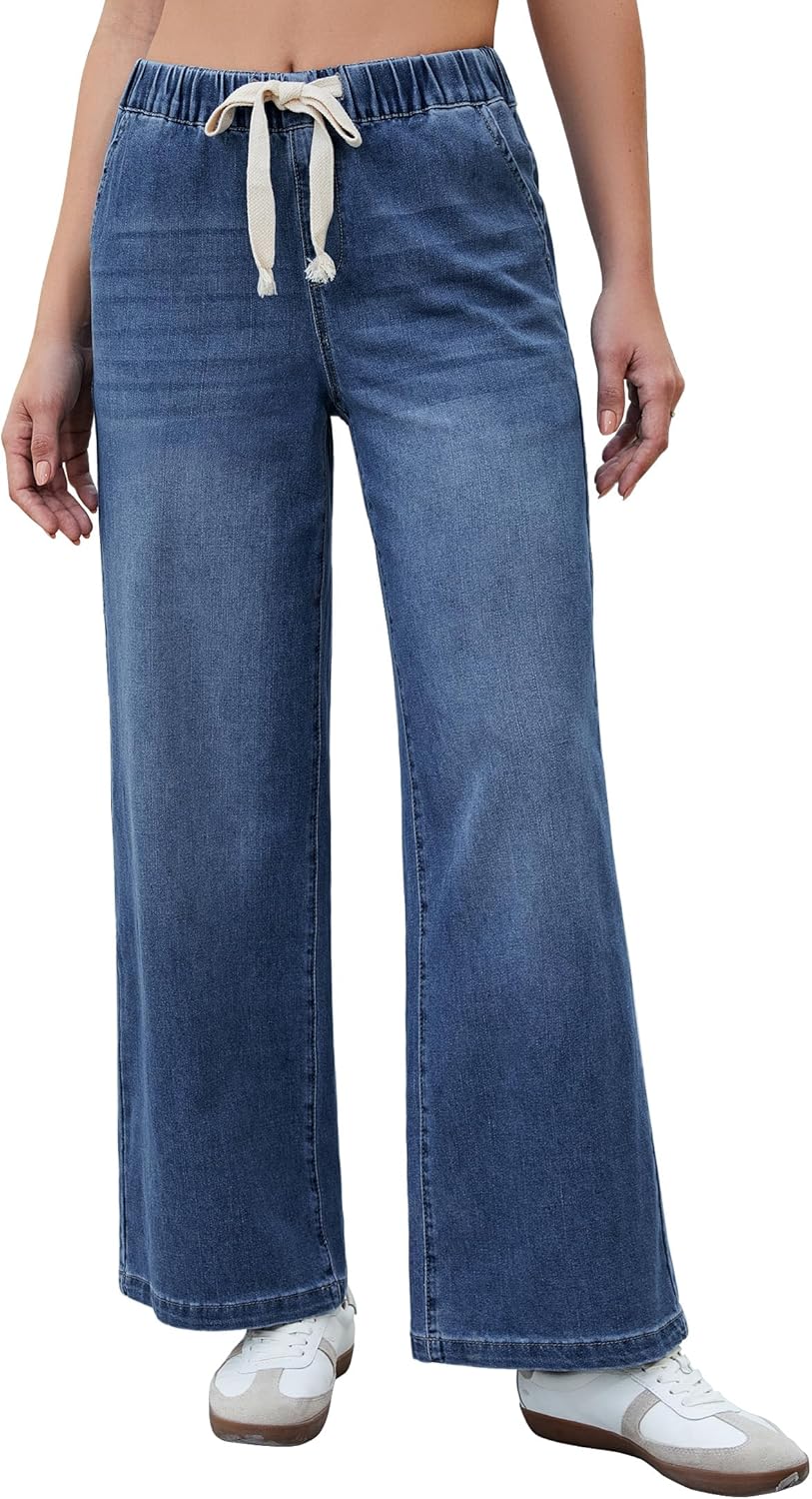 luvamia Wide Leg Jeans Woman High Waisted Trendy Pull On Elastic Waist Drawstring Stretchy Denim Jean Pants with Pockets