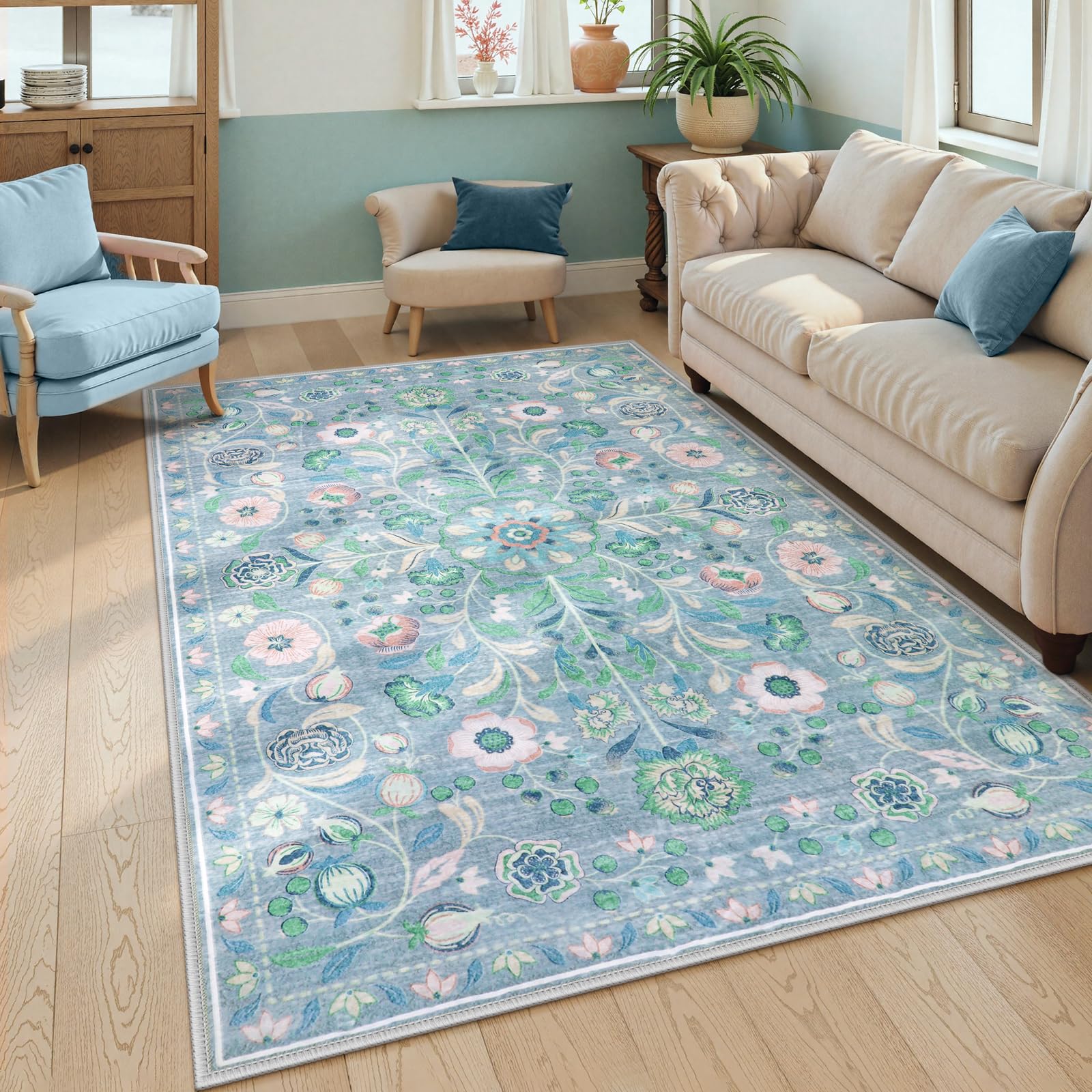 Anidaroel Floral Washable Rugs for Bedroom, 5x7 Boho Area Rugs for Living Room Vintage Distressed Soft Rug, Stain Resistant Non-Slip Throw Nursery Rug
