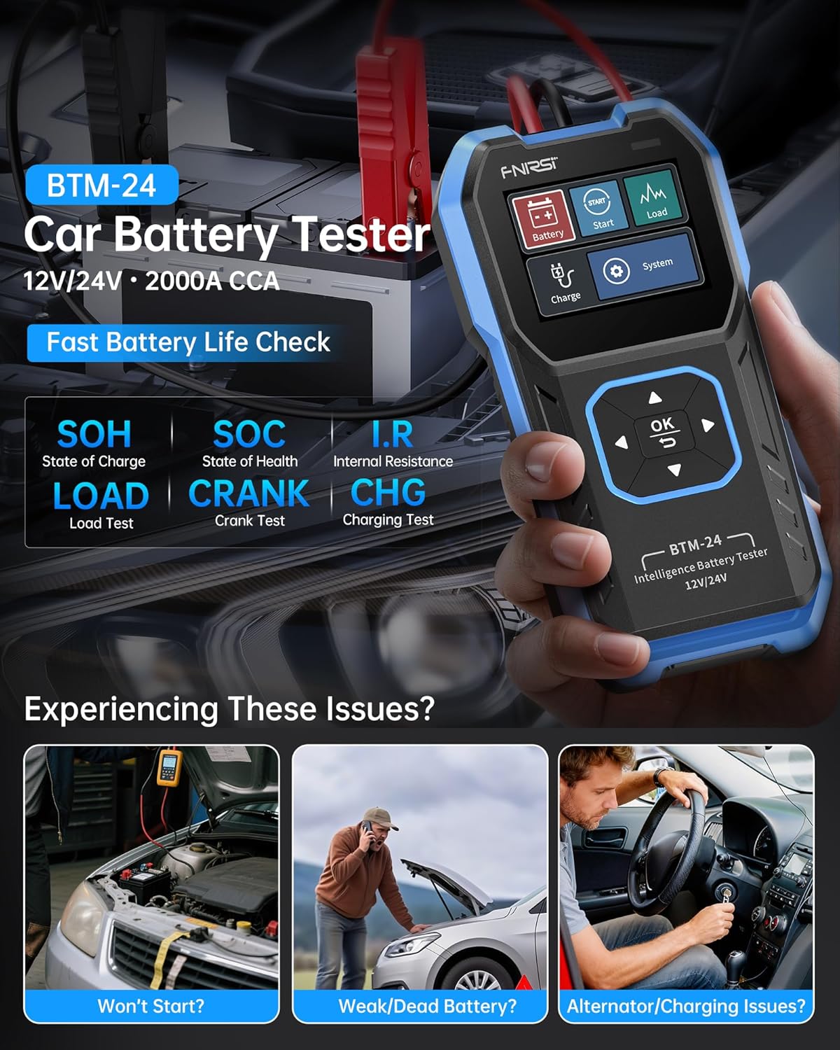 FNIRSI BTM-24 Car Battery Tester 12V 24V, 0-2000 CCA Automotive Alternator Tester, Battery Life Voltage Internal Resistance Charging Load Cranking Analyzer for Car SUV Pickup Truck ATV Motorcycle Boat