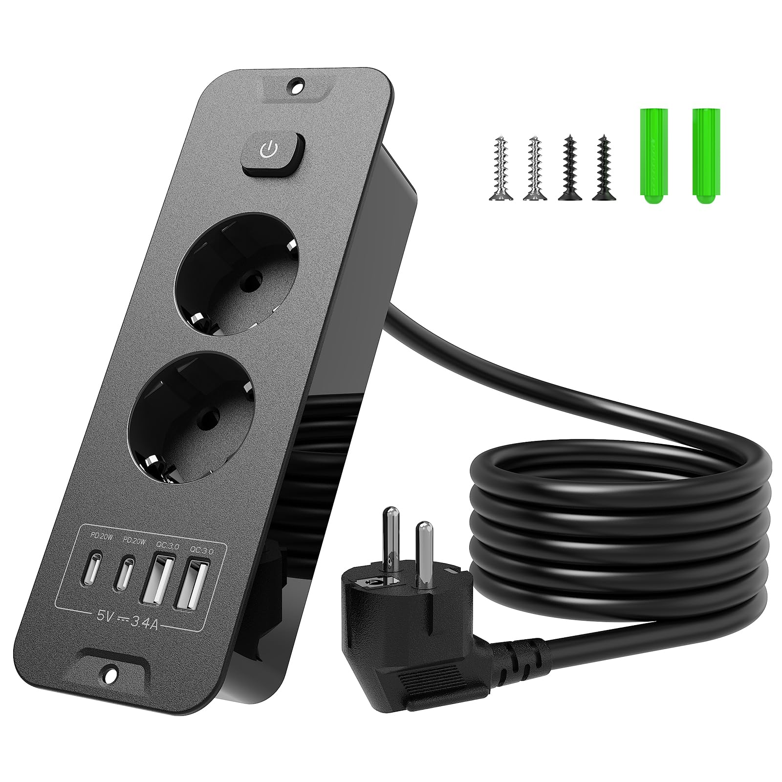 Ciabatta elettrica con USB (PD 20 W), 2 prese da incasso, 6 in 1, a scomparsa, presa da tavolo, presa multipla con cavo da 2 m, per cucina, ufficio, piano di lavoro, 16 A/3680 W