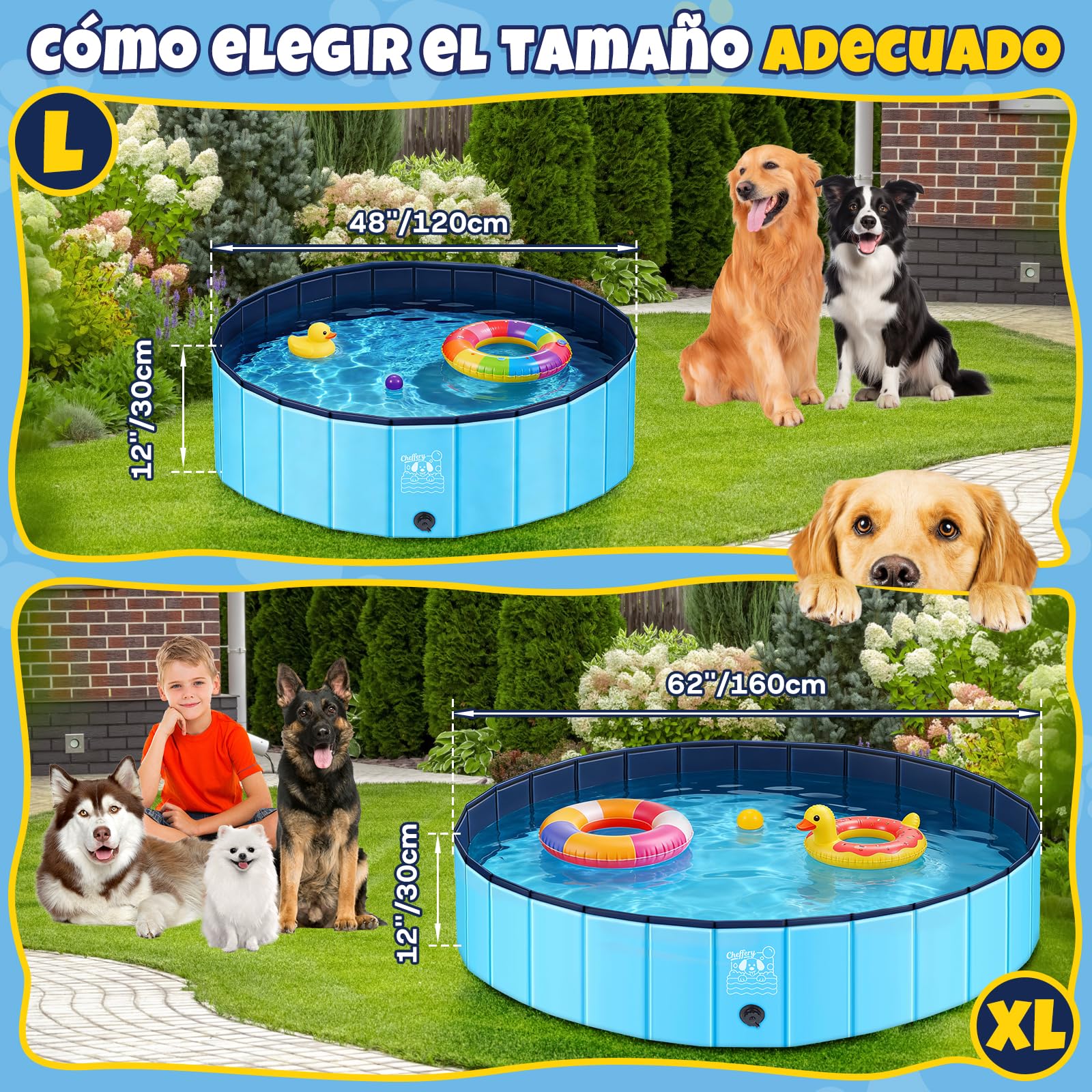 JONRRYIN Piscina para Perros, 120x30CM Piscina Perros Grandes, Bañera Perros Plegable de PVC Antideslizante con Parches y Válvula de Drenaje para Mascotas, Niños (120 * 30cm)