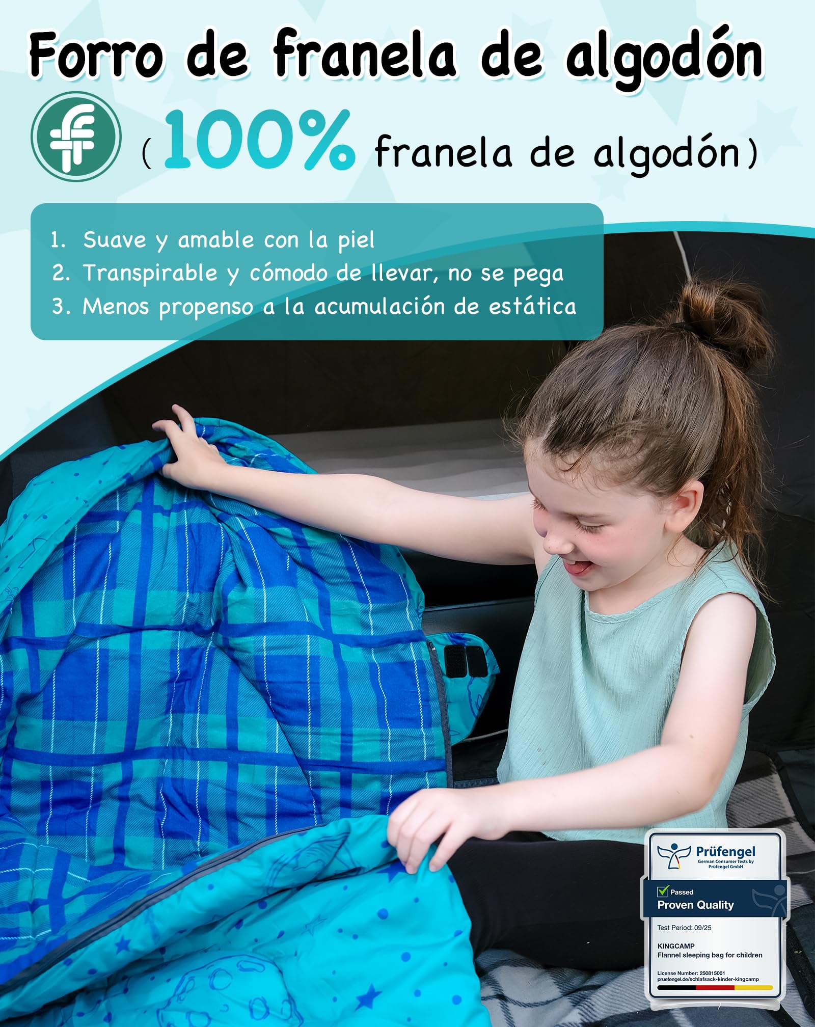 KingCamp Saco de Dormir Niños Franela de Algodón | 170 X 70 cm | 7℃ a -13 ℃ | Cálido y Cómodo para Niñas(Altura máxima hasta 145 cm) | Invierno Camping Accesorios, Viajes y Actividades