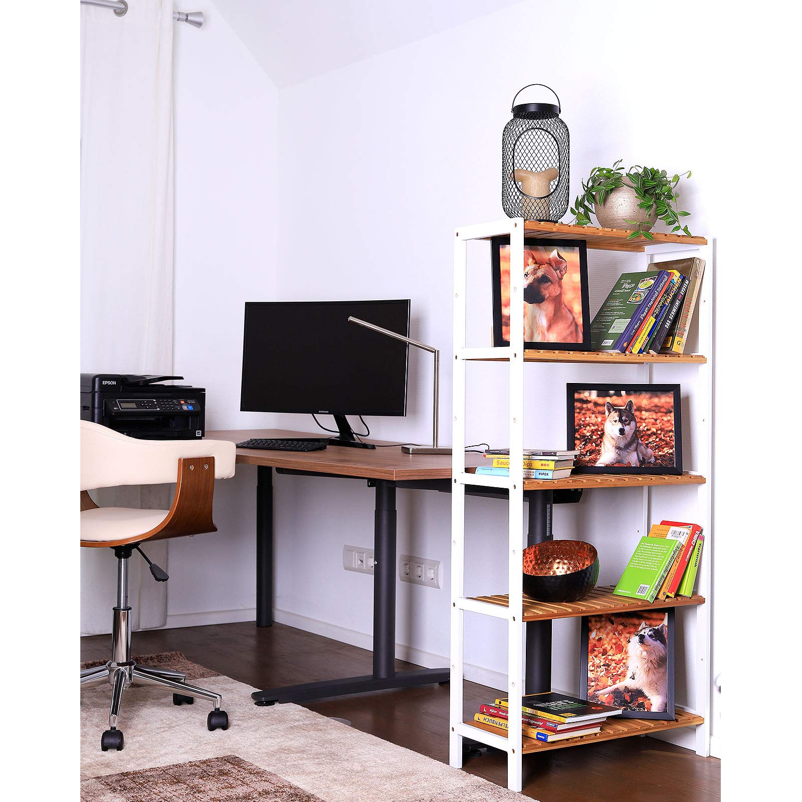 tavora Badezimmerregal mit 5 Ablagefächern, 60 x 26 x 130 cm, Natur/Weiß | Offenes Standregal aus Bambus für Bad, Küche oder Flur, kombinierbar zur Regalwand, platzsparend, mit gummierten Standfüßen