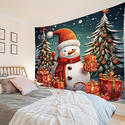 Miniatura 4 de HVEST Tapiz navideño de muñeco de nieve para colgar en la pared, divertido muñeco de nieve con sombrero rojo de Navidad y tapiz de regalo, tapiz de