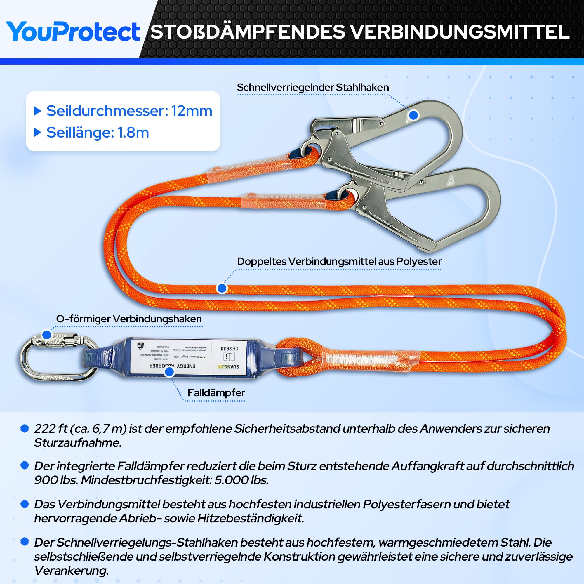 Absturzsicherung Sicherheitsgurt -Set mit Lanyards, Belastung 140 kg | Verstellbare Größe,Taillenschutz, CE Zertifizierung, geeignet für hohe Höhenbedingungen,Klettern und industrielle Anwendungen