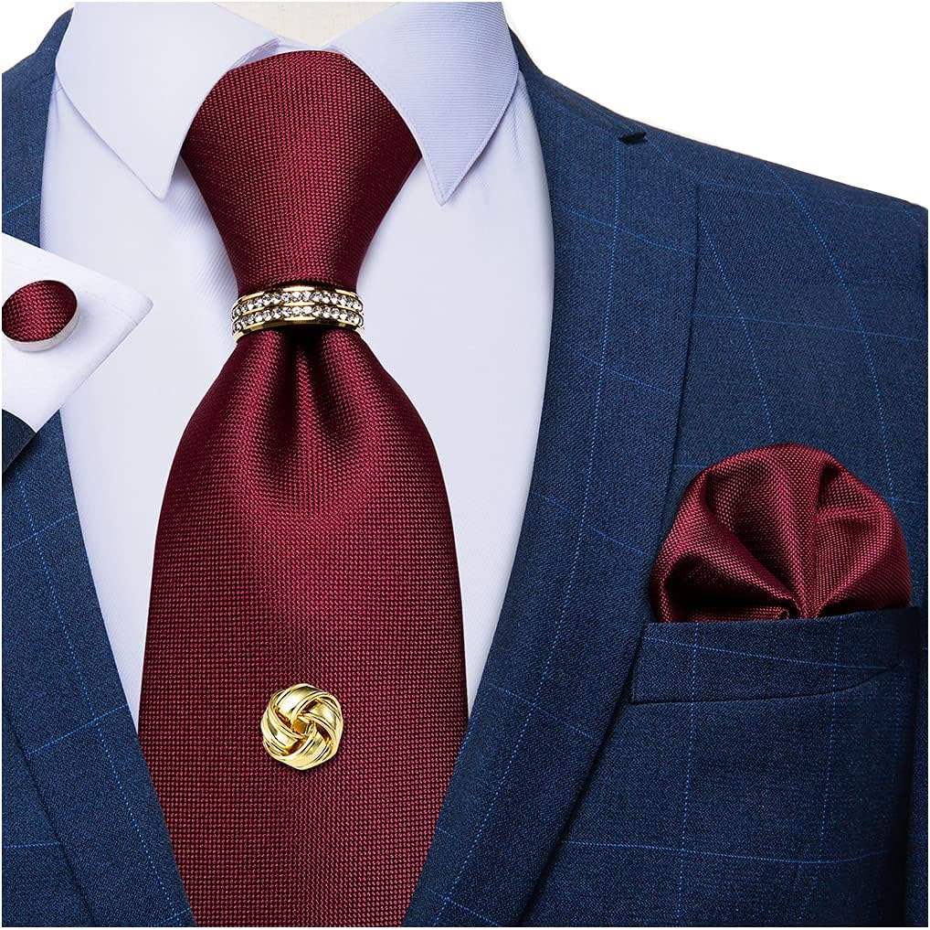 DiBanGu Tie Set for Men Solid Color Necktie, Gold Tie Tack, Gold Tie Ring, Pocket Square, Cufflinks Formal Mens Silk Tie