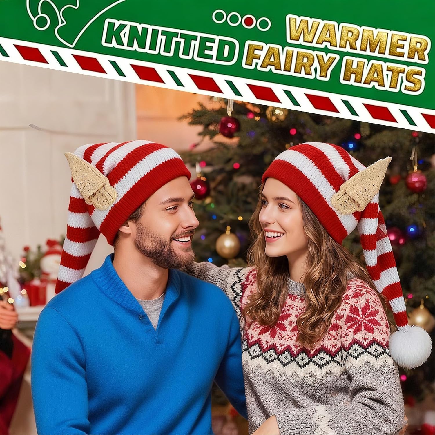 Christmas Knitted Elf Hats with Ears for Adults - Red and White Crochet Long Santa Hats Beanie, Fun Elf Costume Accessories Ideal for Christmas Celebrations, Xmas Party & Gifts - Image 2