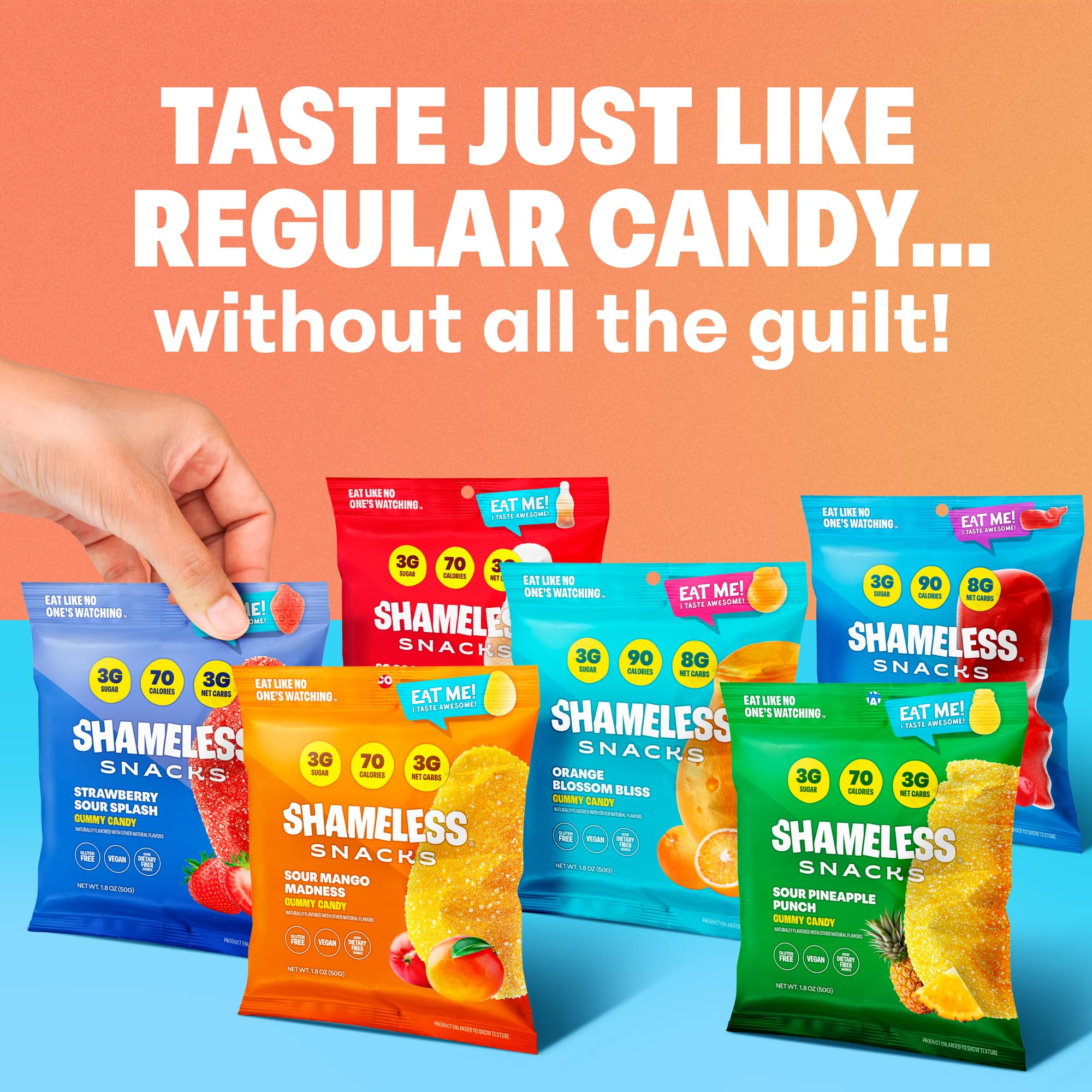 Shameless Snacks Candy Carnival - Snack sani a basso contenuto di zucchero con ananas, mango, arancia, fragola e cola - Confezione assortita di dolci vegani, senza glutine, ipocalorici