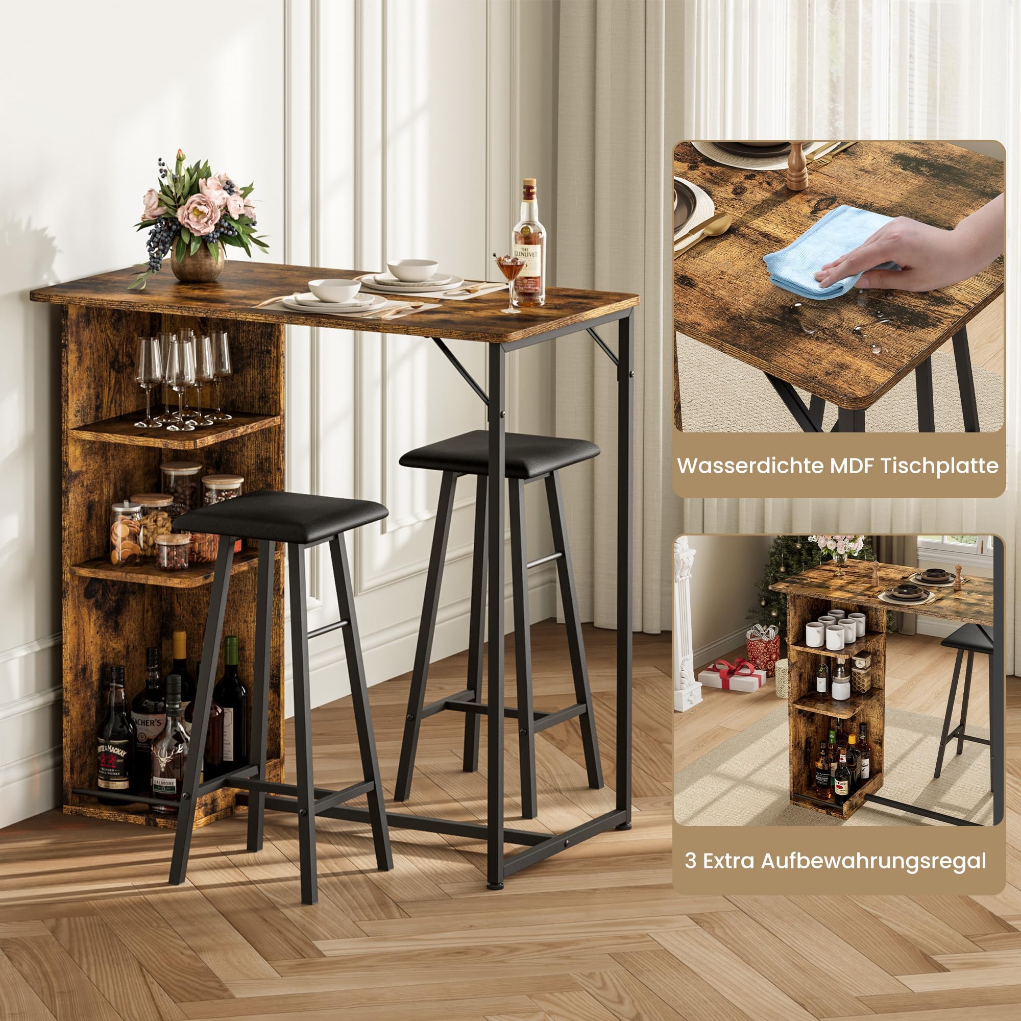 3-Teiliges Bartisch-Set, Essgruppe Mit 2 Hockern Und 3 Ablagen, Weiches