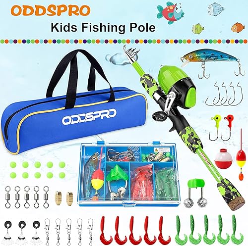 Miniatura 8 de ODDSPRO Caña de pescar para niños, color rosa, kit combinado de caña de pescar telescópica portátil y carrete - con caja de aparejos de pesca
