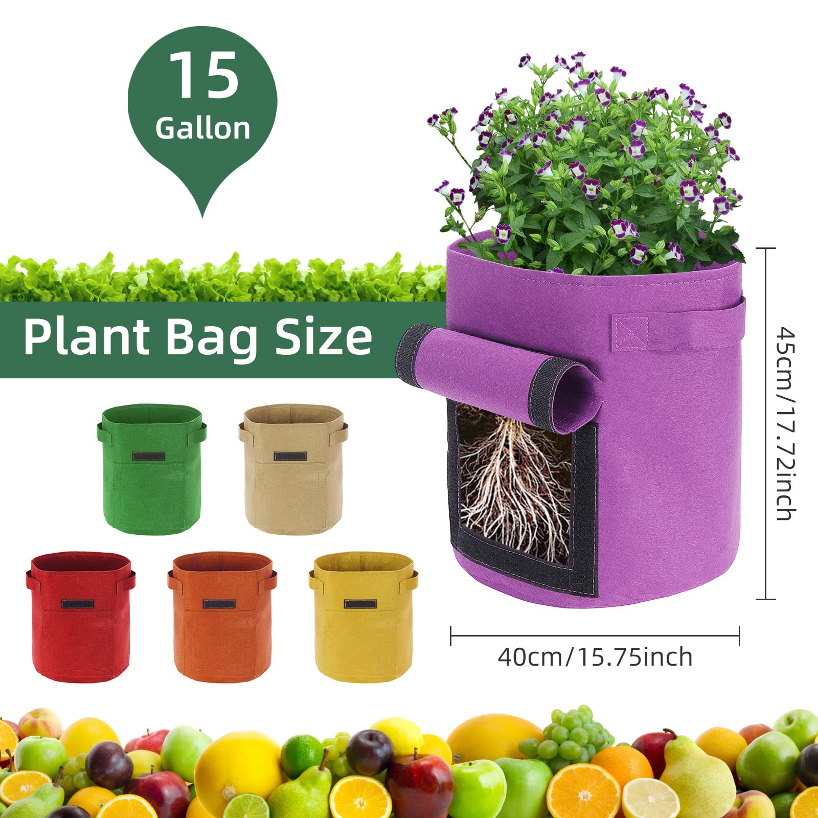 Lot de 6 sacs de culture de pommes de terre en tissu avec poignées et rabat de fenêtre, sacs de culture pour pommes de terre, tomates, carottes, oignons (48 l)