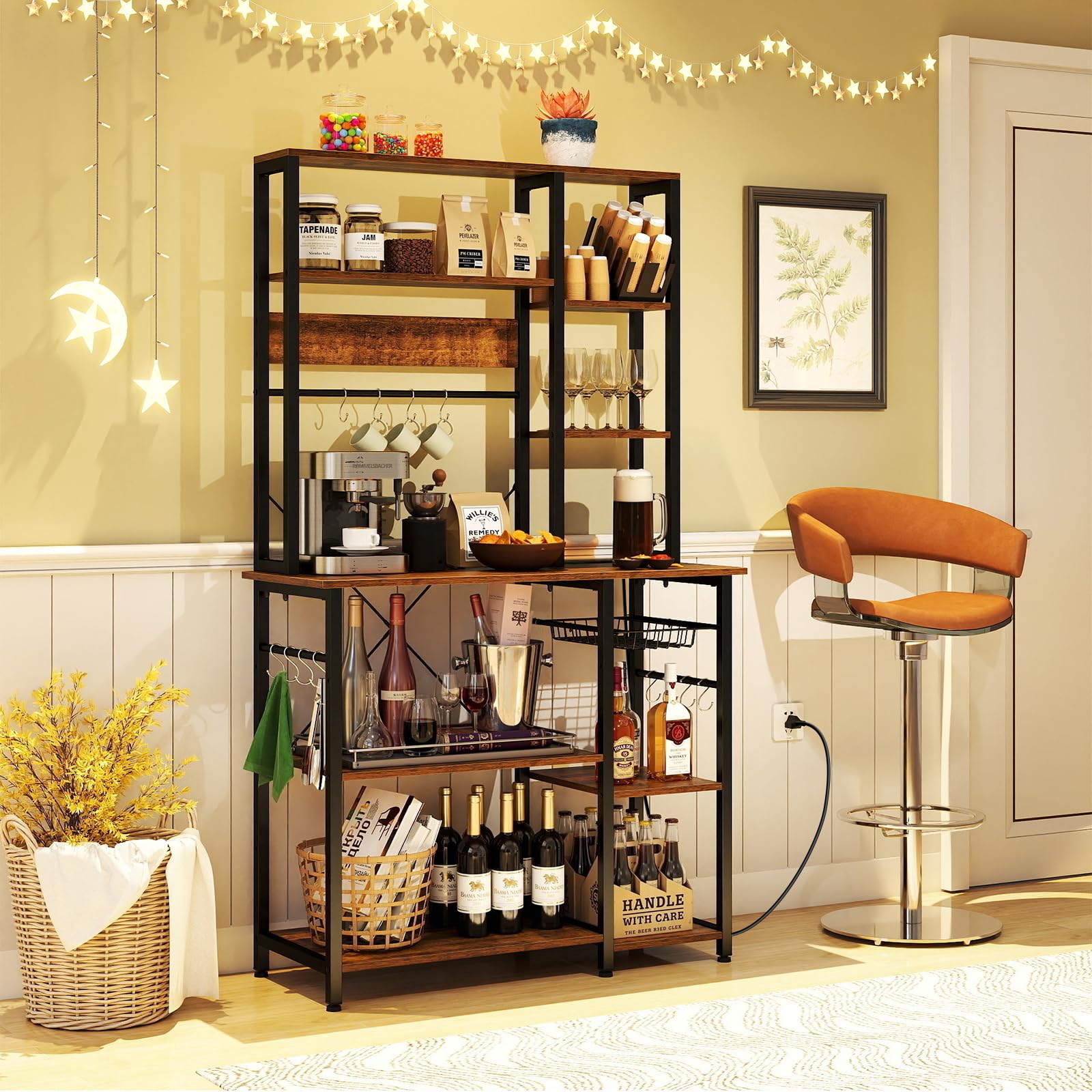 KOMFOTTEU Scaffale da Cucina con Stazione di Ricarica, Mobile Dispensa Cucina a 9 Livelli con 12 Ganci, Mensola Microonde Industriale, per Soggiorno, Sala da Pranzo, 99 x 40 x 170 cm