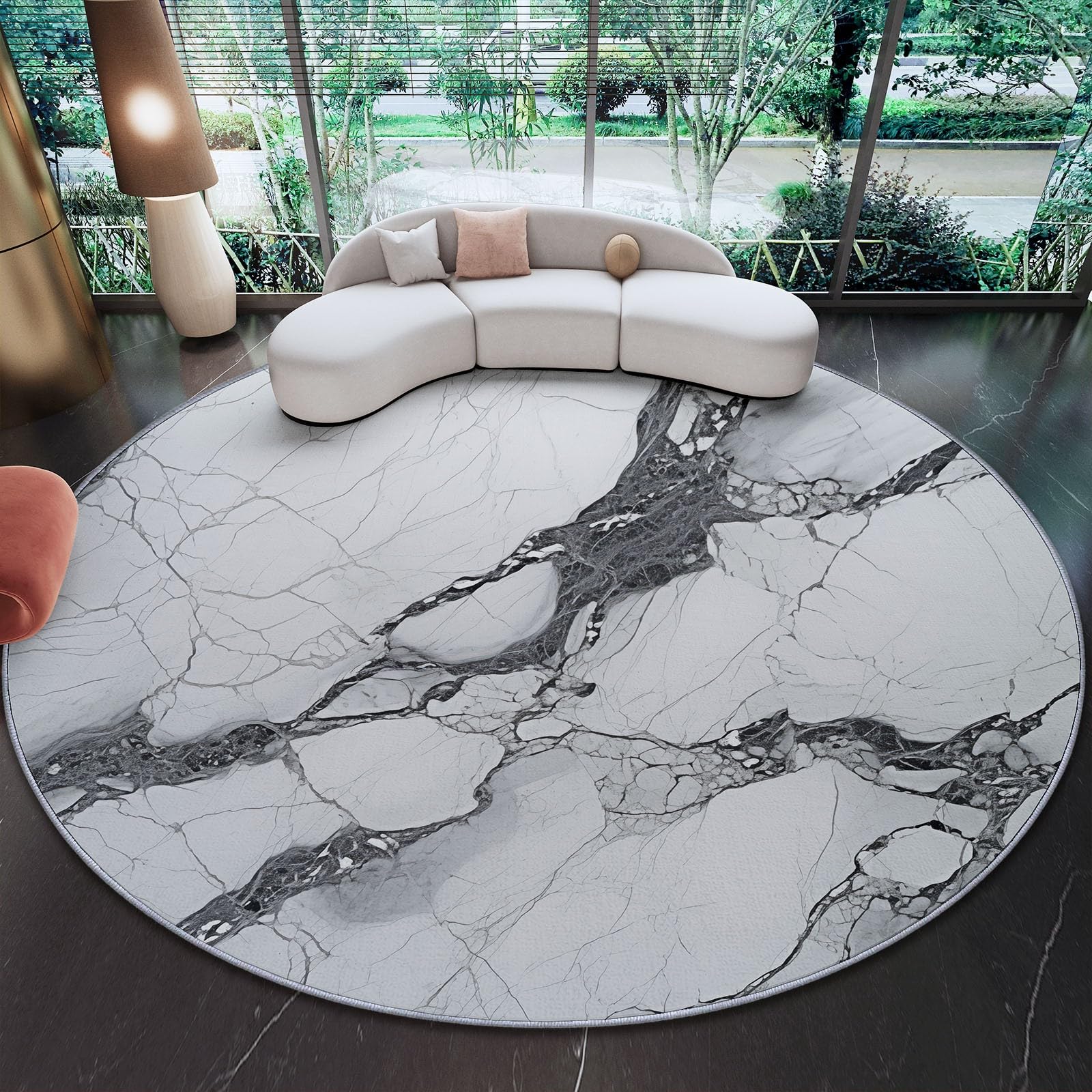 Grau Runder Teppiche Wohnzimmer 150 cm, Waschbar & Rutschfester Weicher Kurzflor Teppich Schlafzimme, Stilvoll Wasserwellenmuster Elegant Marmormuster Teppich Rund für Kinderzimmer, Esszimmer, Büro