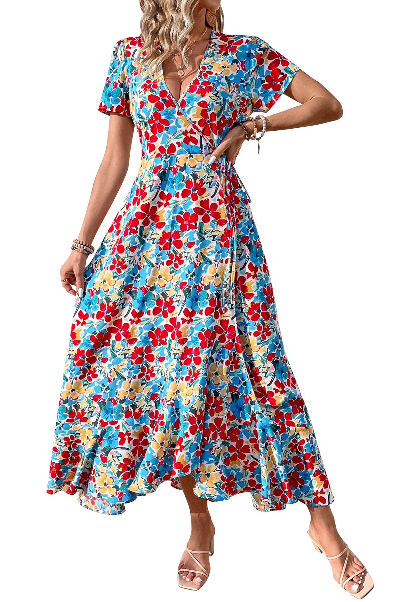 PRETTYGARDEN Women's Boho Floral Summer Maxi Dresses | Short Sleeve Wrap V Neck, Long Flowy Sundress, Spring Wedding Guest Party Outfits, Ruffle Beach Vacation Dress, Resort Wear