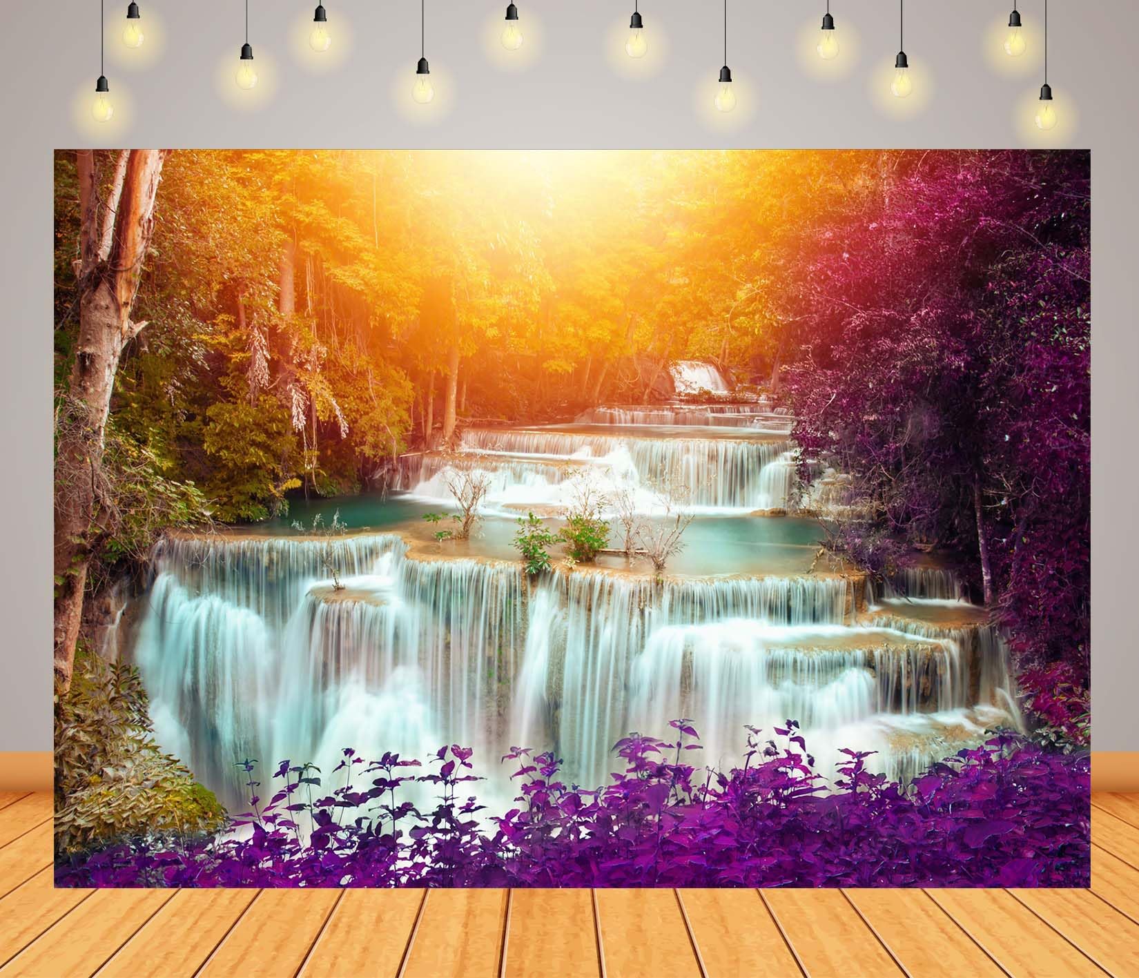 10x6.5FT (3x2m) Cascata Nella Foresta Fantastica Sfondo Fotografico | Cascata Nella Foresta Fantastica Tessuto Background,Luce Dorata Acqua Turchese,Decorazioni Festa E Foto,Photo Booth