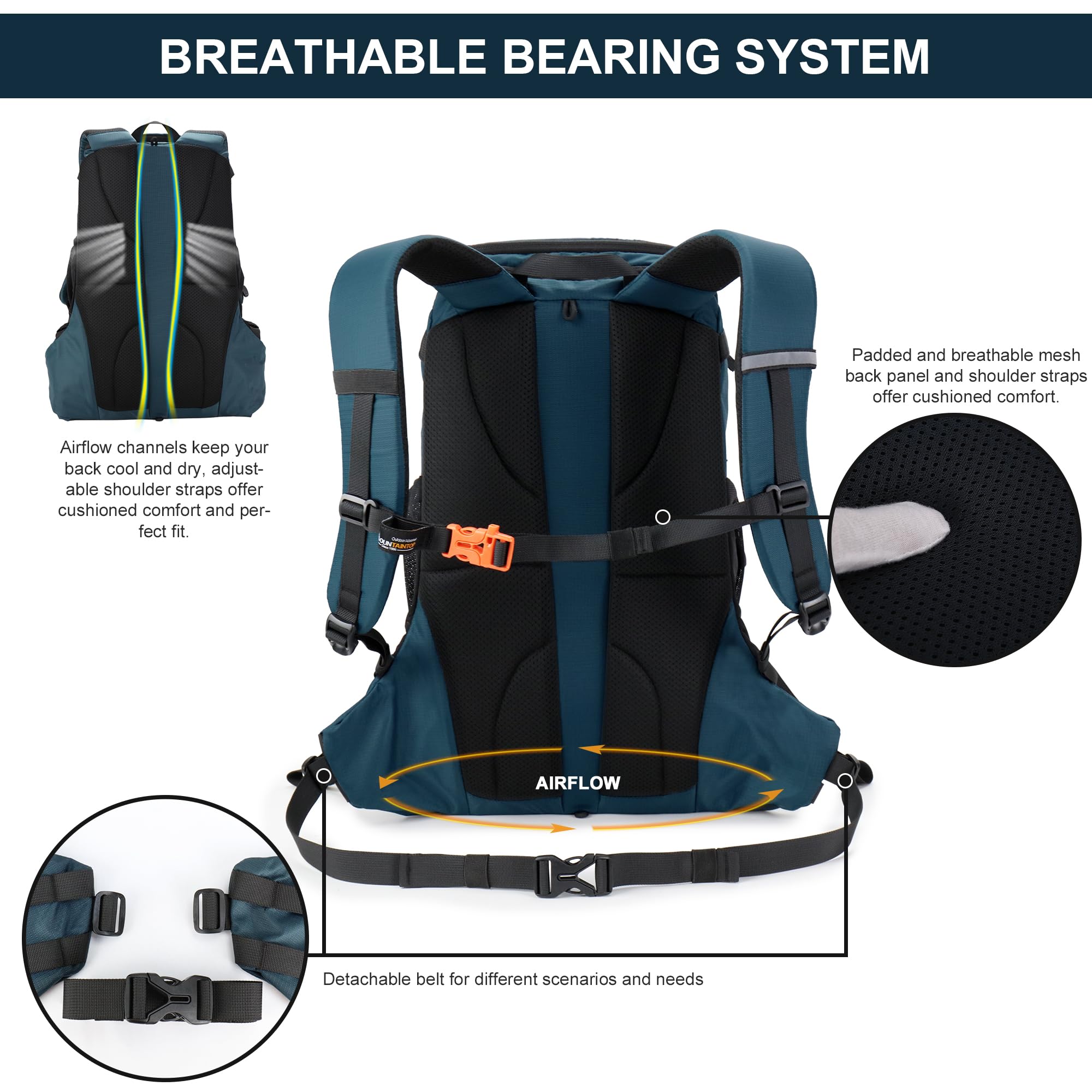 MOUNTAINTOP Mochila Trekking 35L Hombre Mujer Impermeable Viaje | Ideal para montaña senderismo y viajes, funda de lluvia incluida, cremalleras YKK, espalda ventilada cinturón acolchado