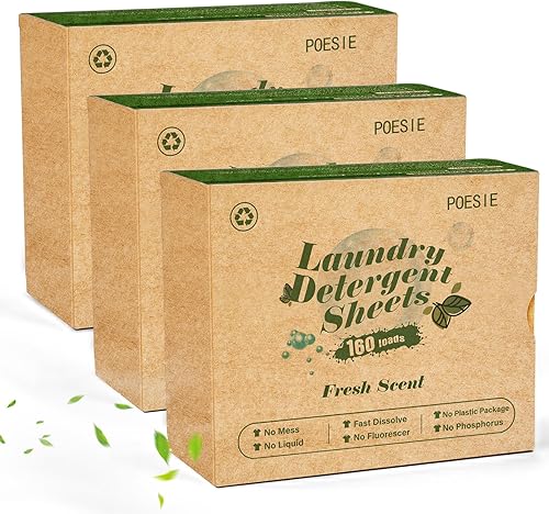 Poesie Hojas de detergente para ropa sucia, paquete de 3, 480 hojas, 240 cargas, detergente ecológico para la ropa para viajes, hogar, ahorrar