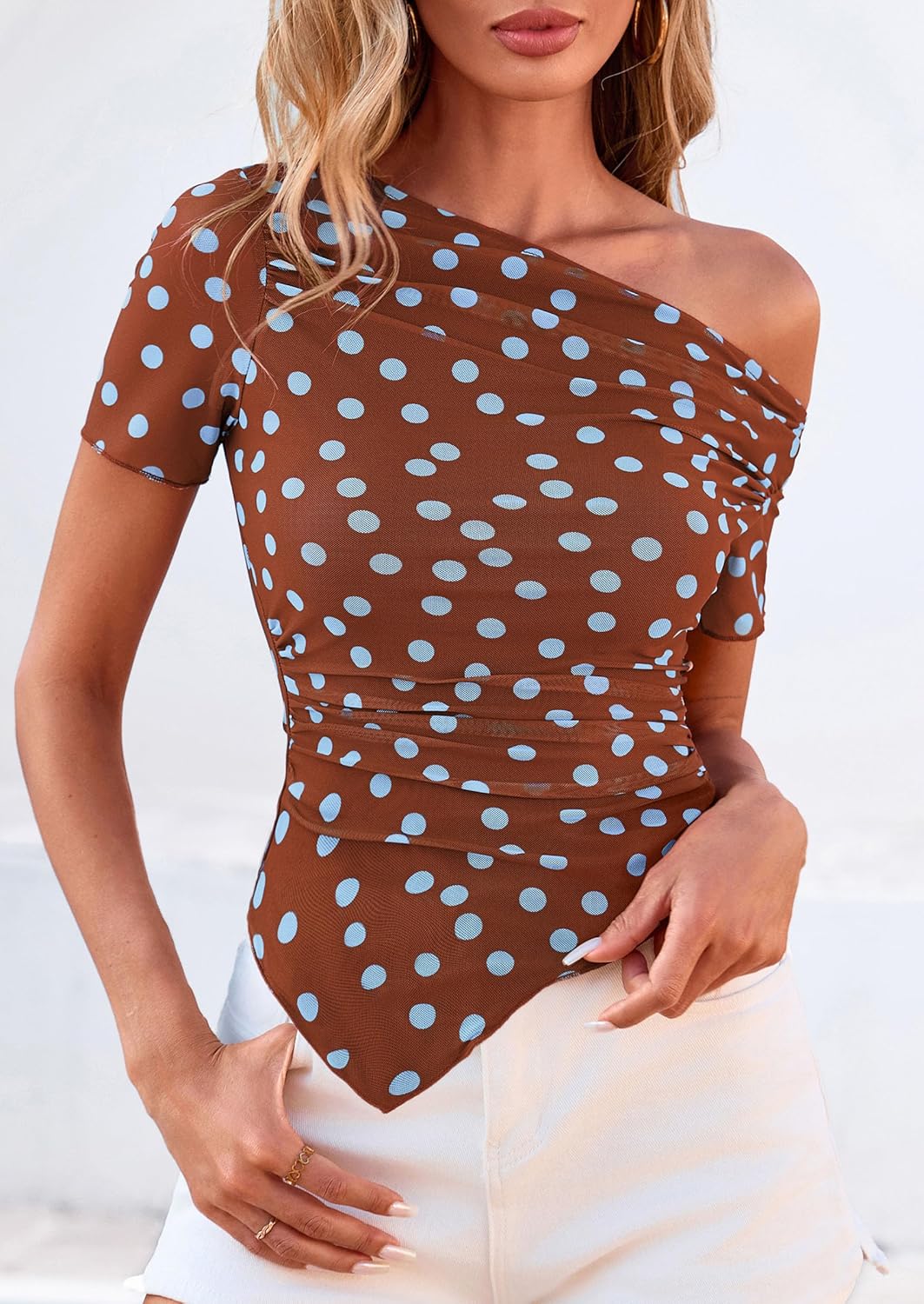 PRETTYGARDEN Womens Summer Off The Shoulder Tops 2026 Spring Short Sleeve Mesh Tie Dye Shirt Ruched Asymmetrical Y2k Clothes - Image 6