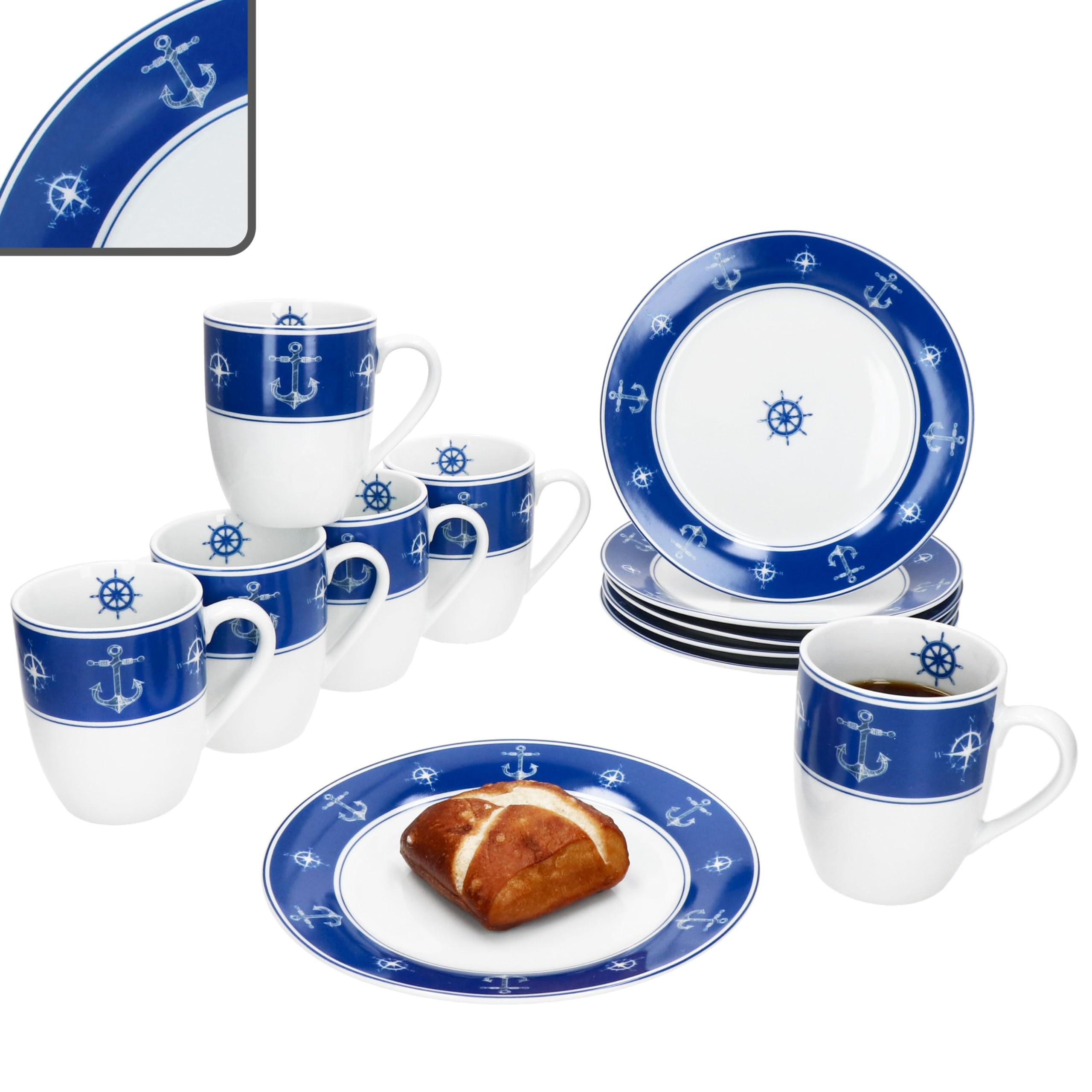 MamboCat Ahoi 12tlg Frühstücksset aus Porzellan I blau-weißes maritimes Design mit Anker & Steuerrad I je 6x Kuchenteller & Kaffeebecher für 6 Personen | Frühstück & Kaffeezeit