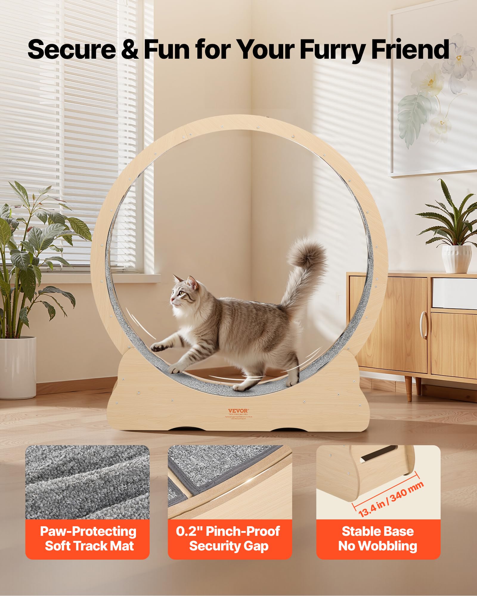 VEVOR Rueda de Ejercicio para Gatos, Diámetro Interior de 1080 mm, para Gatos de 8,6 a 12,7 kg, con Superficie de Alfombra y Mecanismo de Bloqueo, Ruedas Silenciosas de TPE, 1200 x 340 x 1275 mm