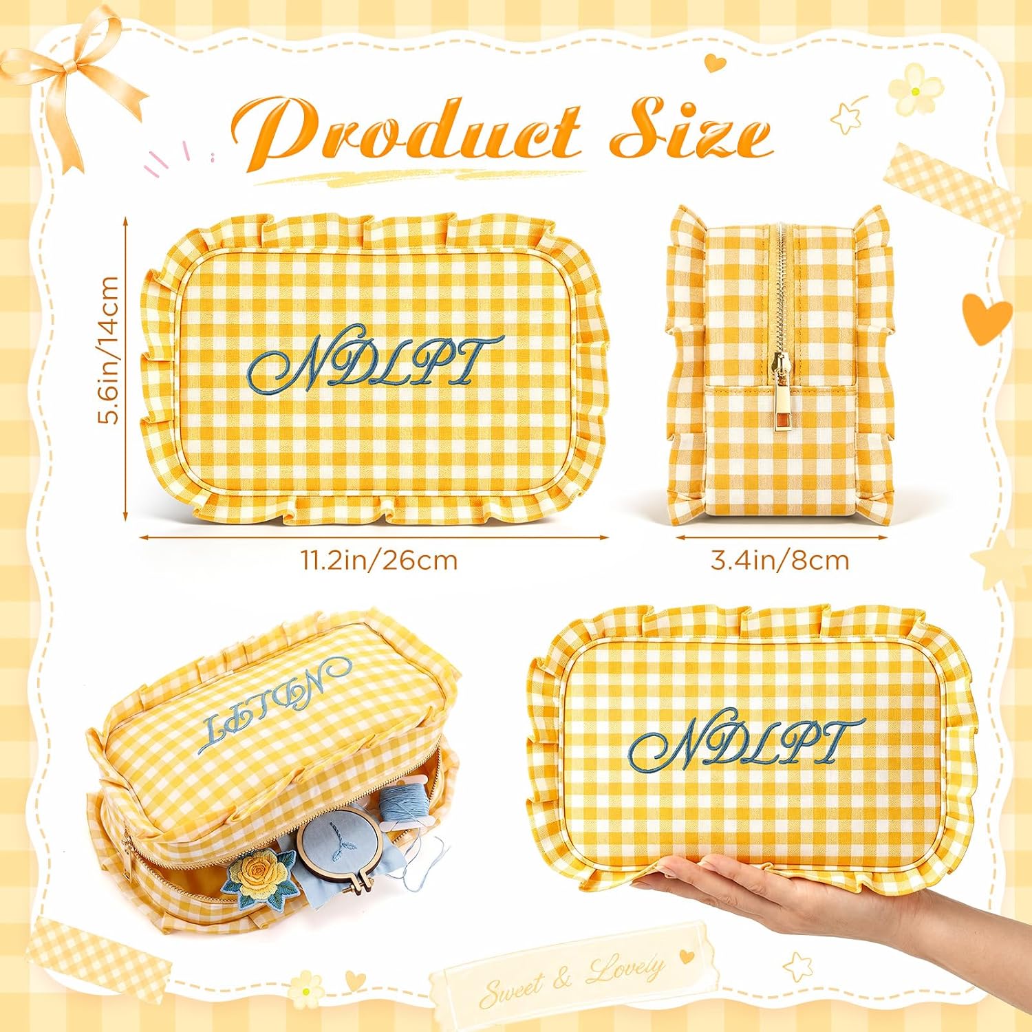 Tallew Needlepoint Project Bag NDLPT Sewing Craft Storage Embroidered Ruffle Storage Bag Gingham Checkered Organizer Pouch with Zipper for Quilter Crafter Art Stitching Gift(Yellow)
