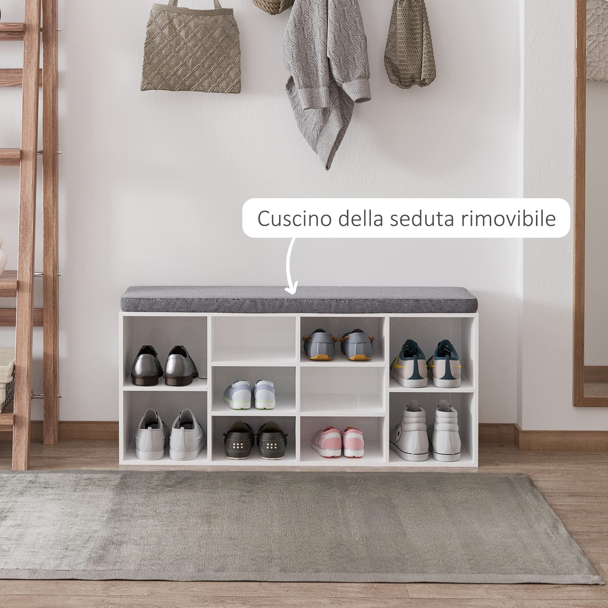 HOMCOM Scarpiera Panchina 8-10 Paia di Scarpe Bianco 104 x 30 x 48 cm | Scarpiera Bassa E Lunga, Ripiani Regolabili, Legno