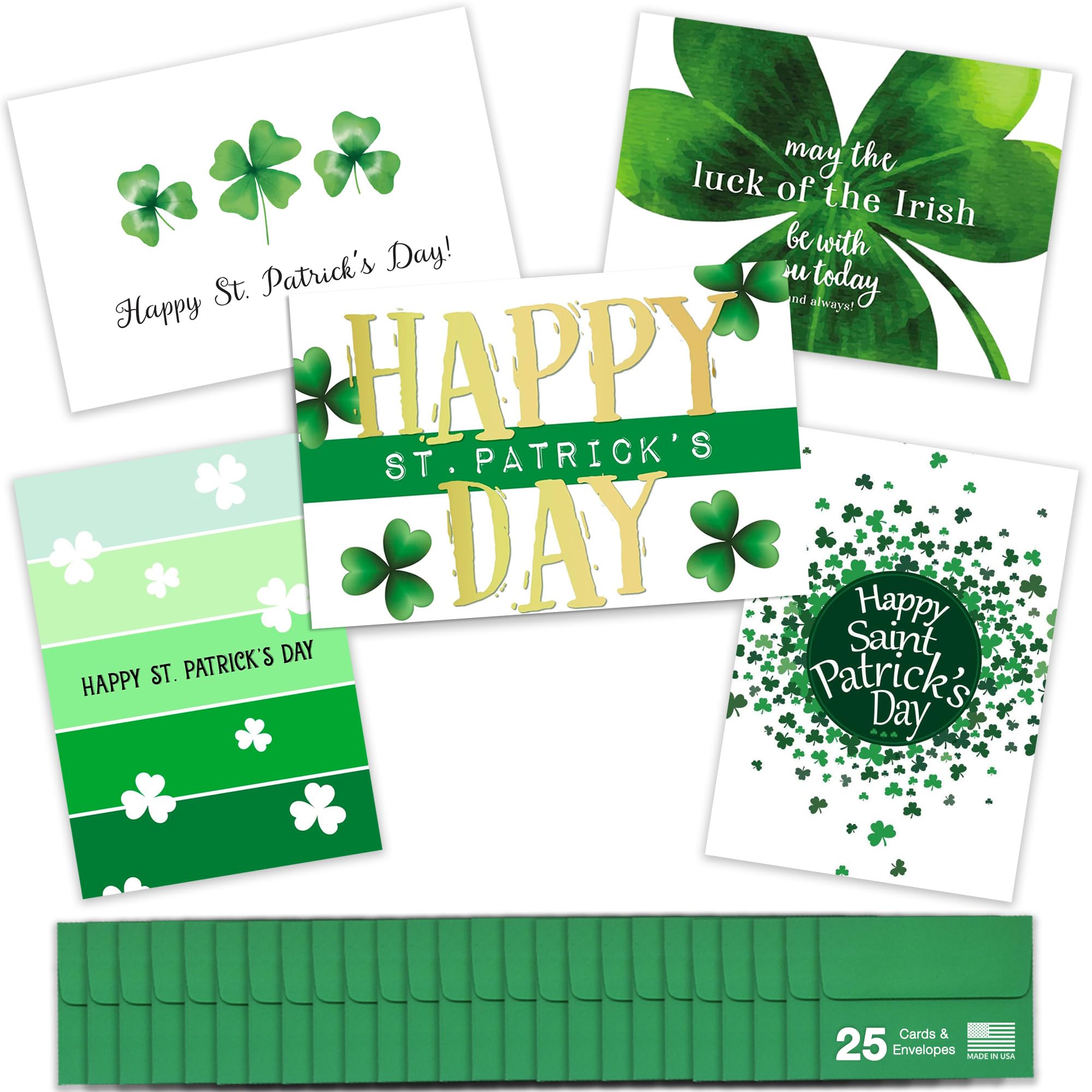 Happy St. Patrick's Day Cards with Envelopes (25 Variety Pack - 5 Designs) Saint Patrick Bulk Greeting Card Set for Business & Family (5x7 inch - A7)