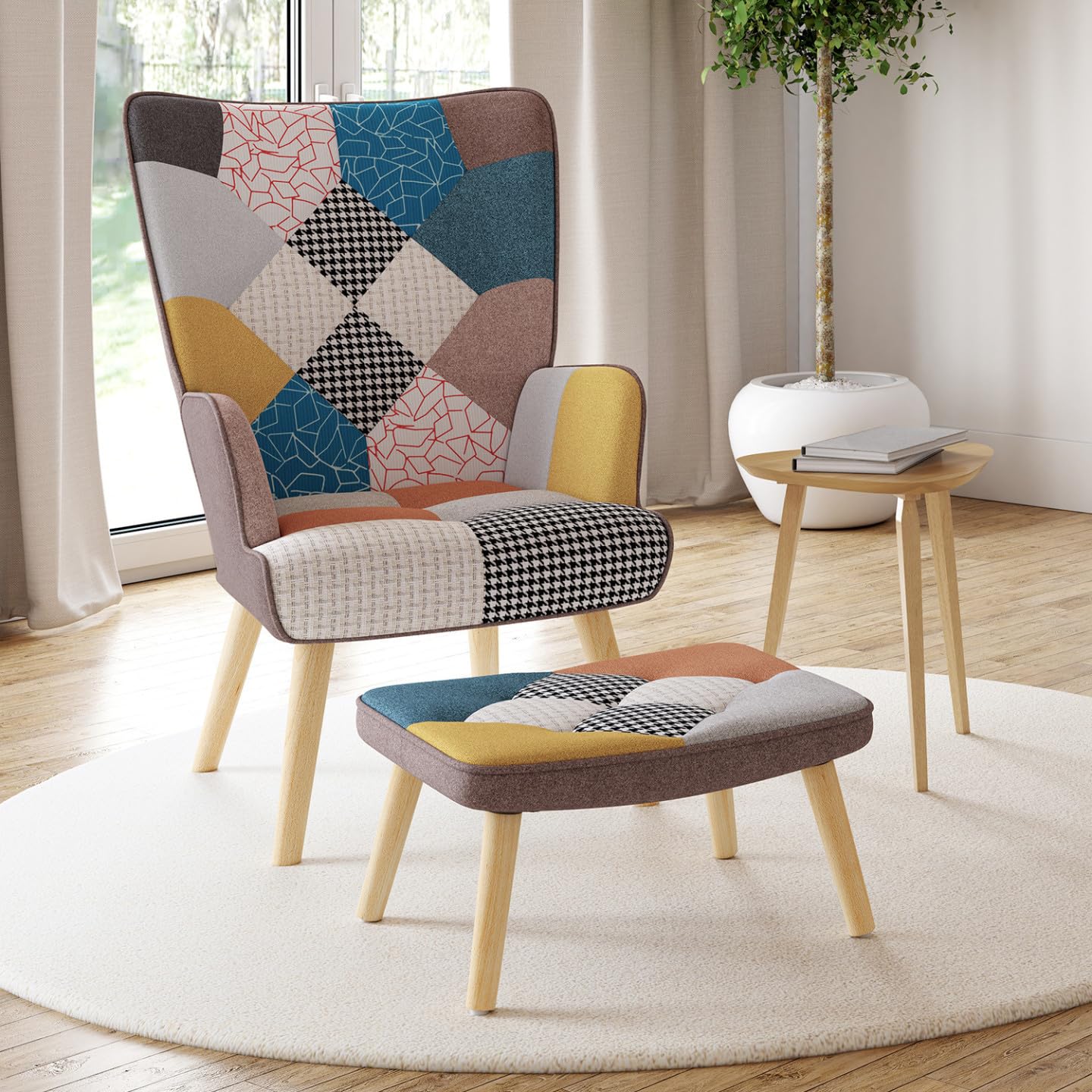 IDMarket - Fauteuil scandinave Ivar avec Repose Pieds en Tissu Patchwork Multicouleurs