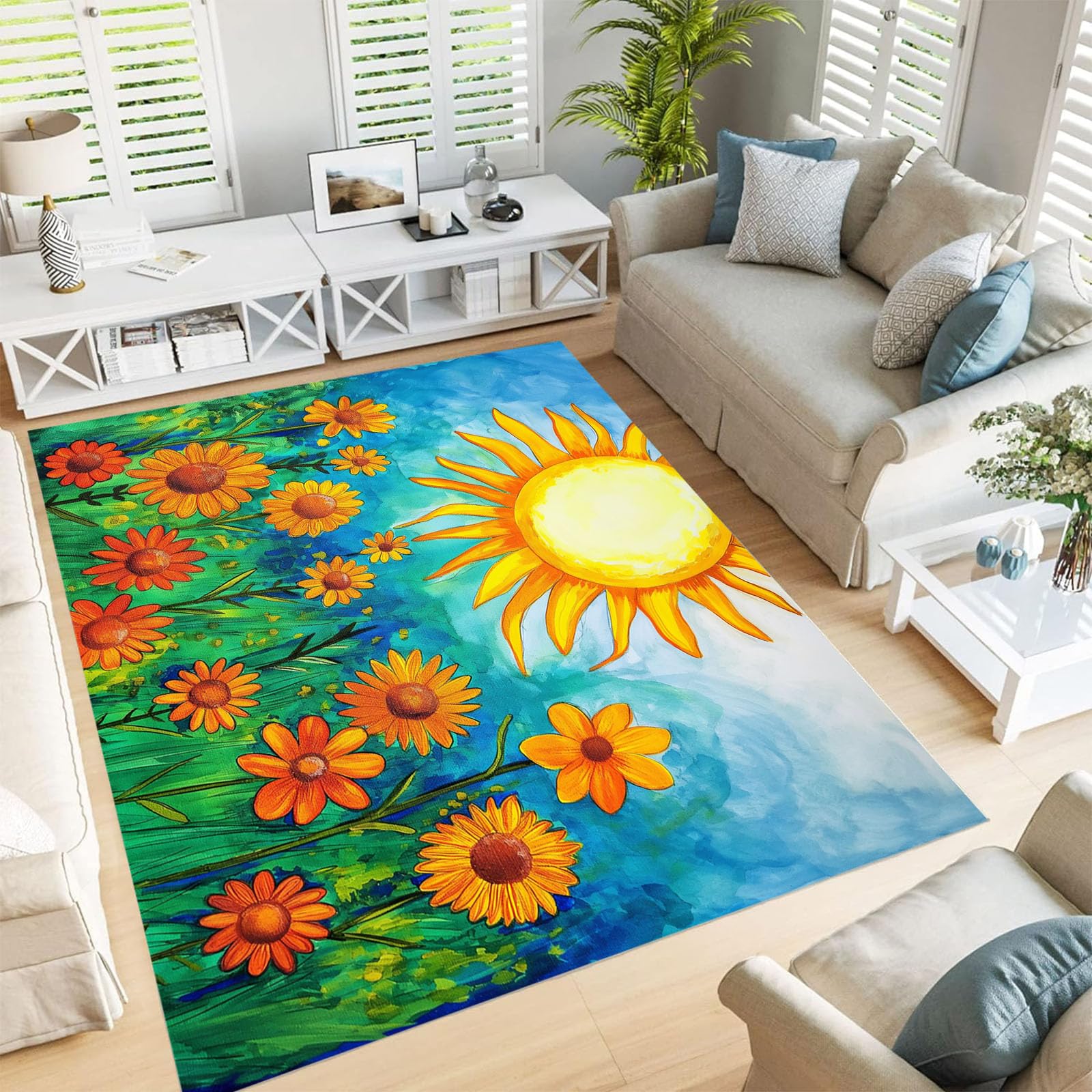 Tapis prairie de tournesols 60x90cm lavable antidérapant turquoise