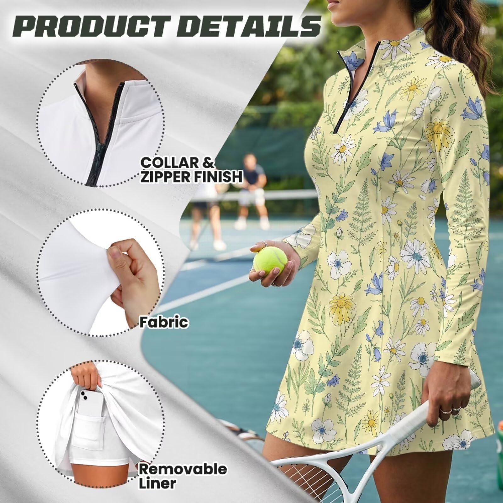 Xoenoiee Damska sukienka golfowa do tenisa z szortami i kieszenią, długi rękaw, zamek 1/4, trening, sportowe sukienki sportowe, S-2XL