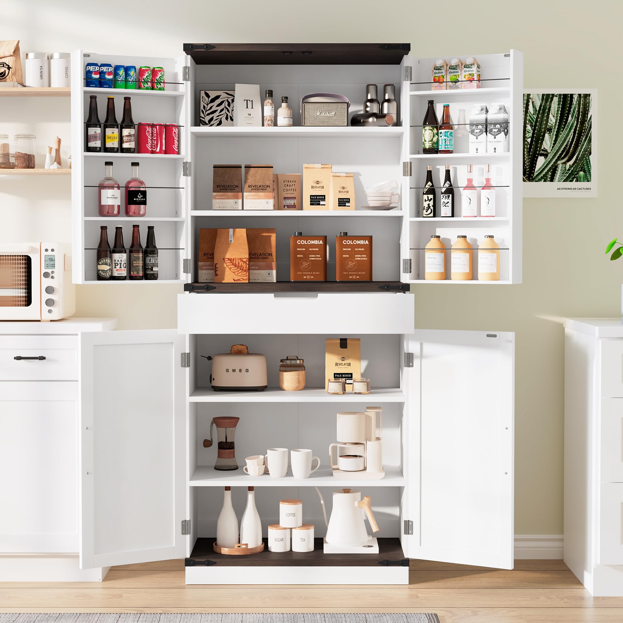 GRUSIGN 72" Kitchen Pantry Storage Cabinet with Doors and Shelves, Wood Farmhouse Pantry Storage with Barn Doors for Kitchen, Dining Room, Living Room