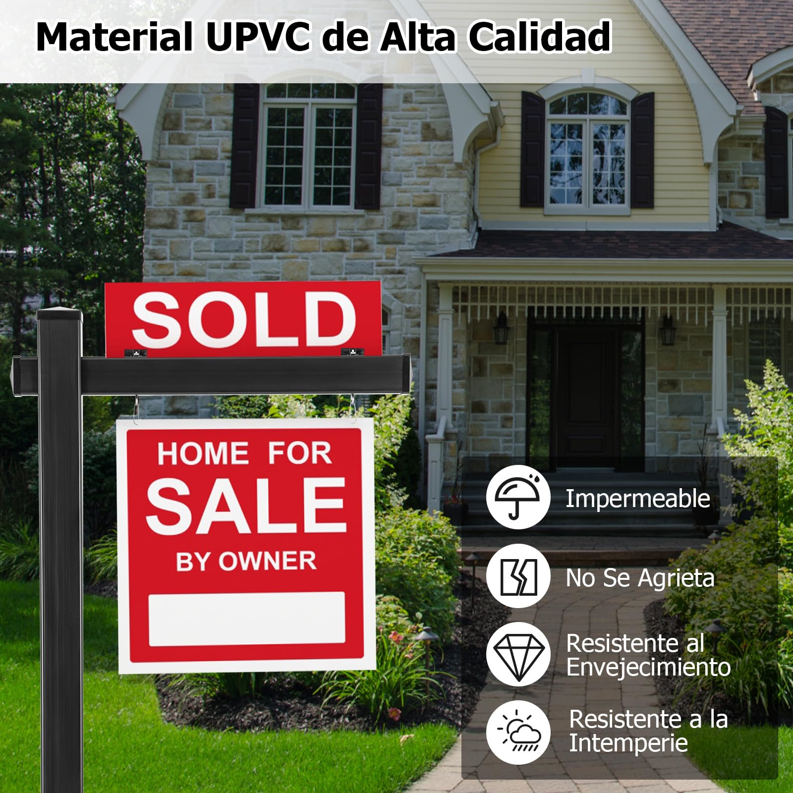 GOPLUS 183 cm Poste de Vinilo UPVC Inmobiliario, Poste de Letrero con Estaca de Acero, Brazo de 91,5 cm, Compatible con Carteles de Hasta 61 cm, Para Venta y Alquiler, Cartel No Incluido (Negro)
