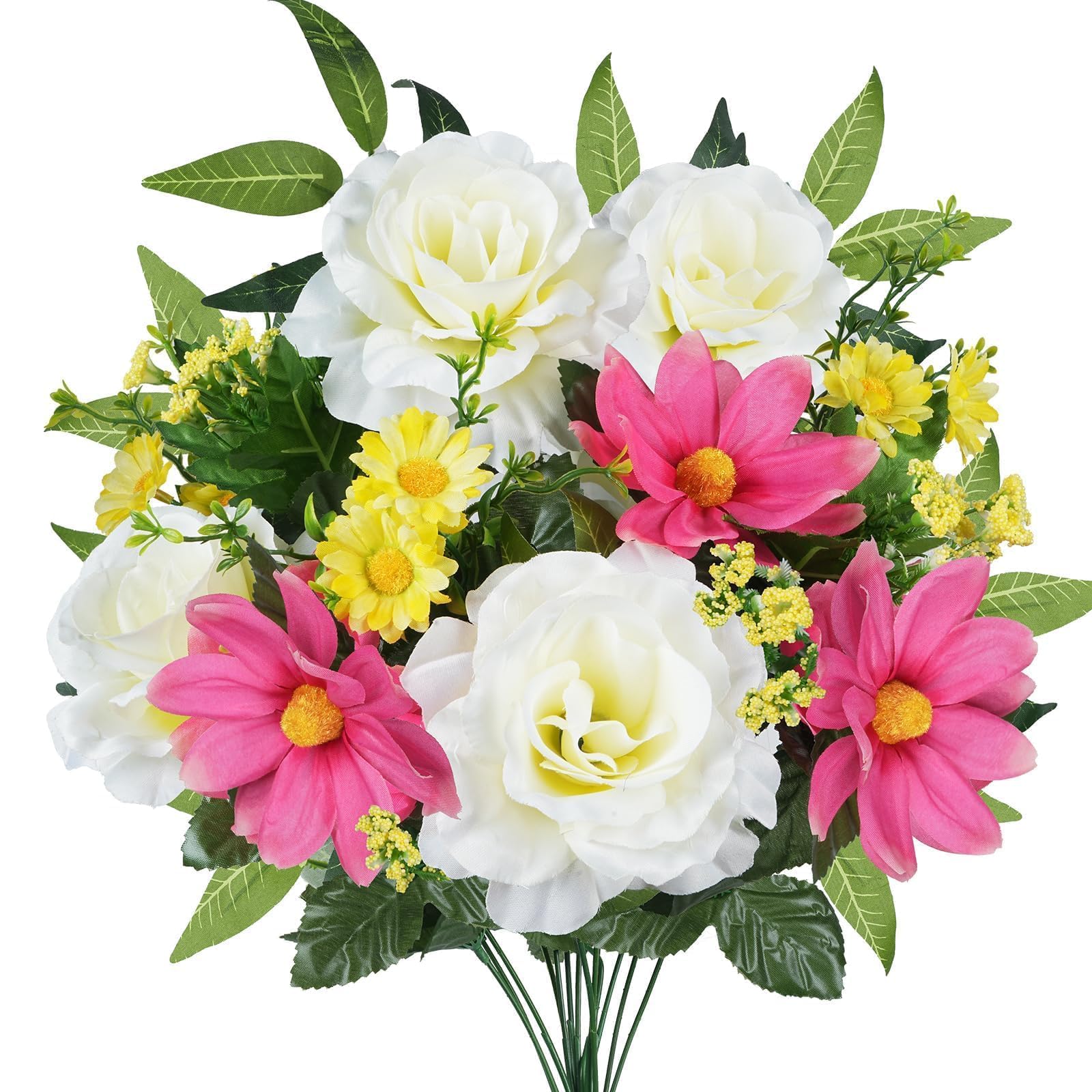 White Roses Artificial Flowers with Pink Fake Daisies Cemetery Flowers for Grave Silk Floral Arrangements for Home Decor Indoor Outdoor Table Centerpiece Wedding Bouquet