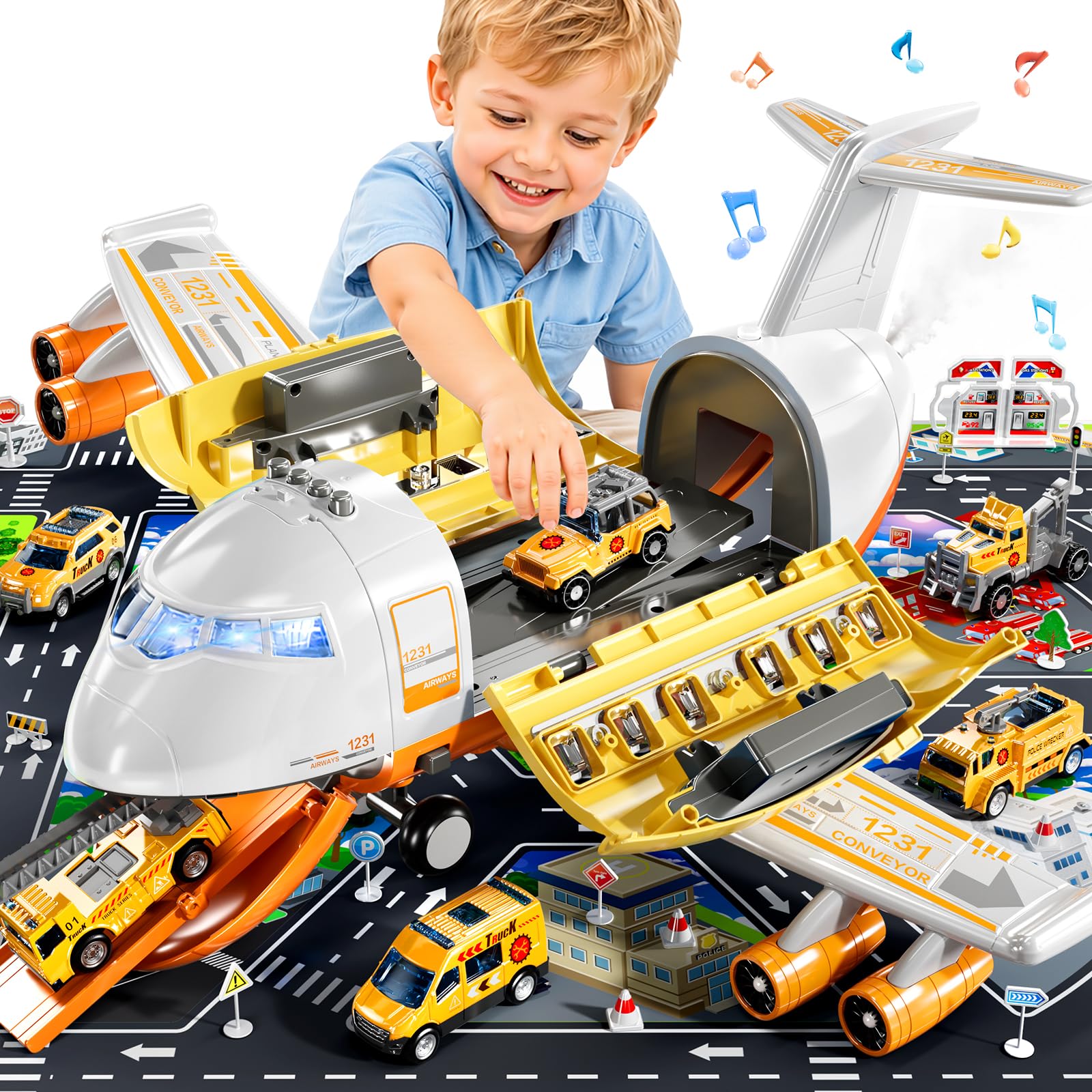 XINNOVEL Airplane Toys for Toddlers 3-5, Toy Airplane for Boys Age 4-7, Large Spray Transport Airplane Toy with 6 Construction Vehicles, Gifts for 3 4 5 6 7 8 Years Old