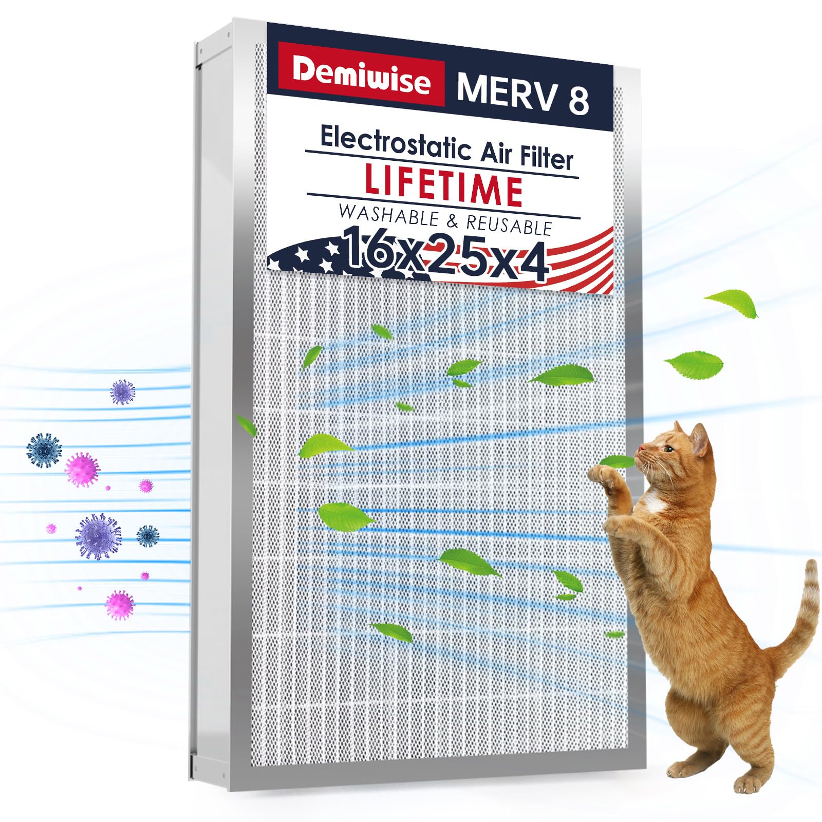 16x25x4 Electrostatic Air Filter, 8 Stage Washable Aluminum AC/HVAC Furnace Filter, Reusable Permanent Air Filter, Lasts a Lifetime, Easy to Install, Healthier Home/Office Environment