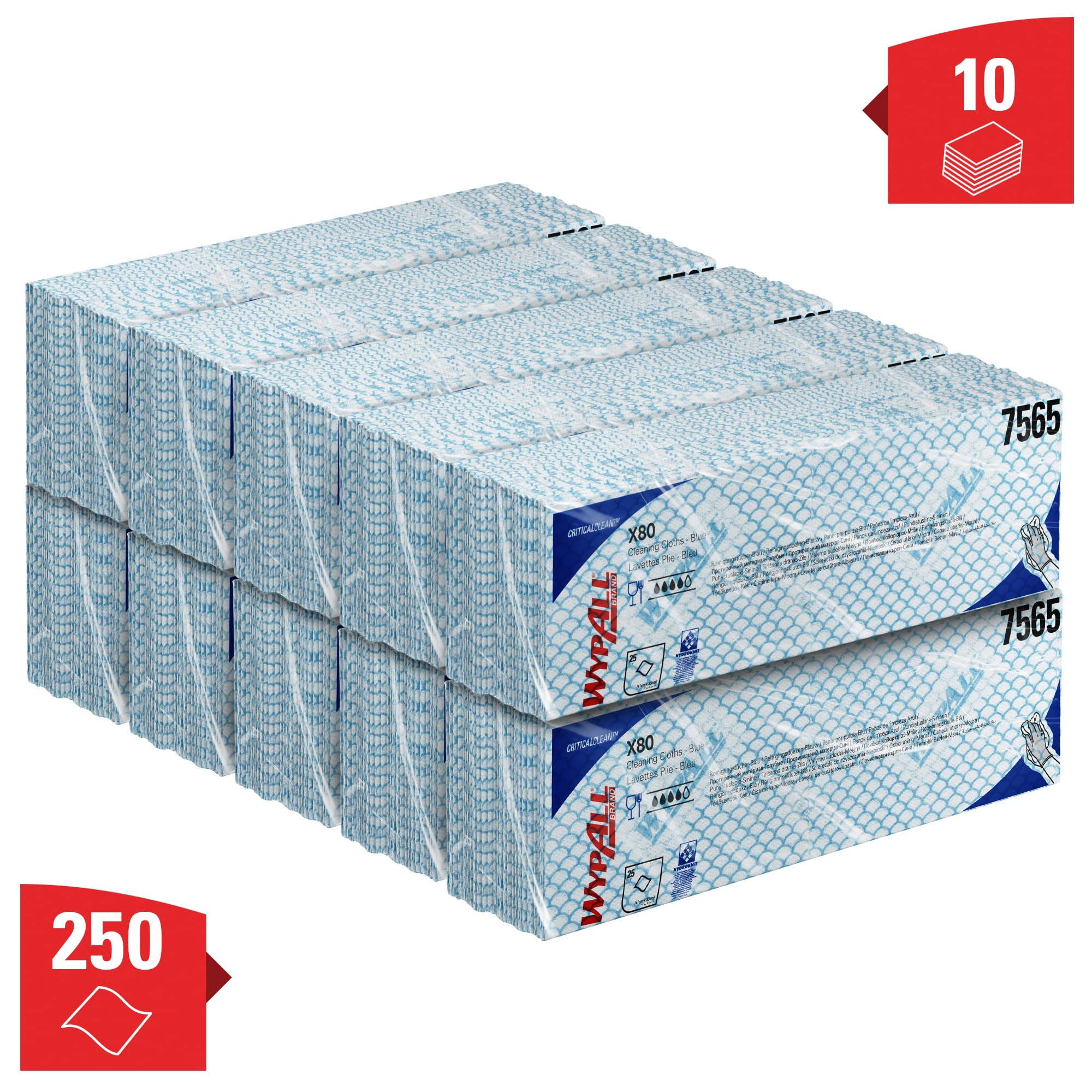 WypAll X80 Paños de limpieza codificados por colores 7565 - Paños azules - 10 paquetes x 25 paños de limpieza de alta resistencia (250 en total)